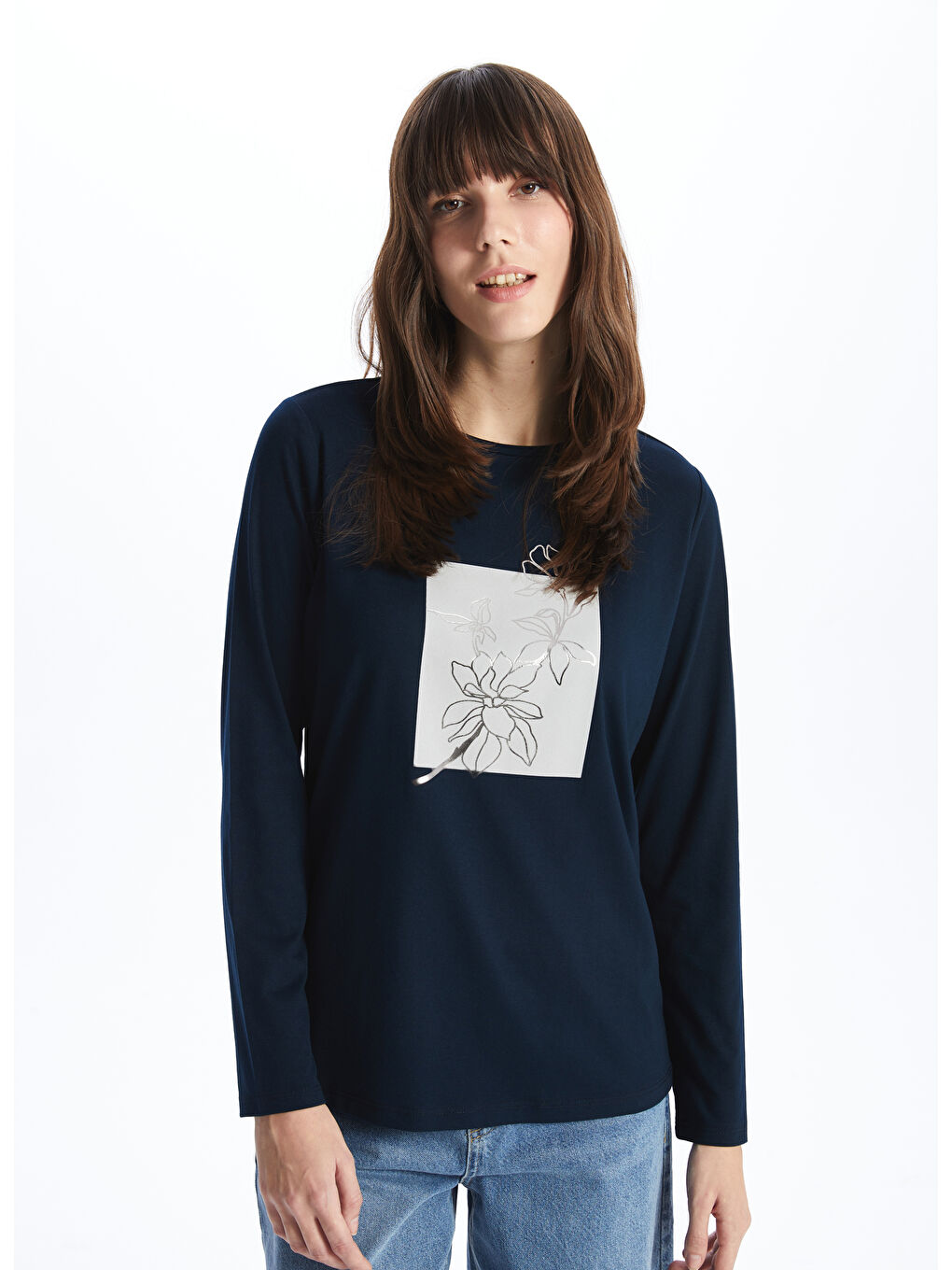 Crew Neck Printed Long Sleeve Women's T-shirt -S4FQ23Z8-E1J