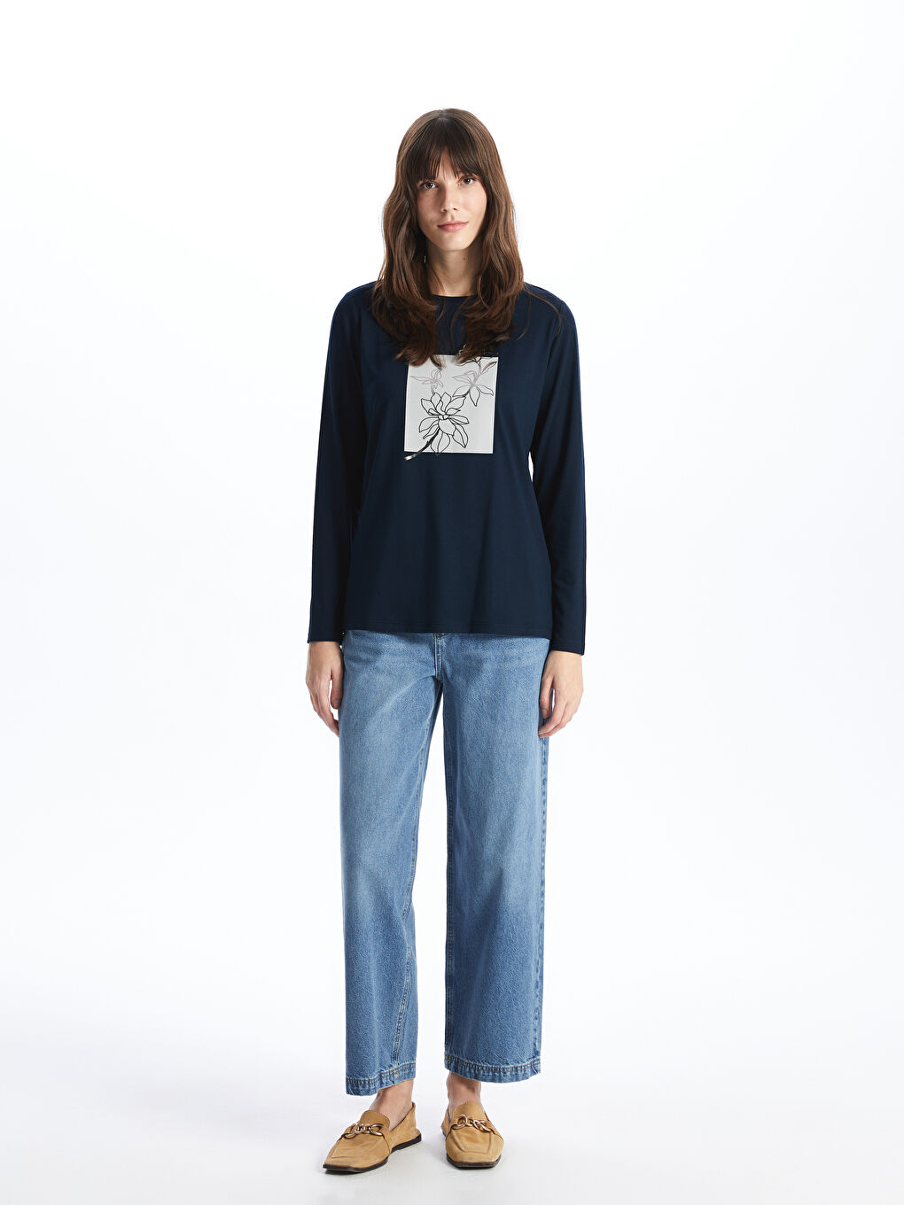 Crew Neck Printed Long Sleeve Women's T-shirt -S4FQ23Z8-E1J