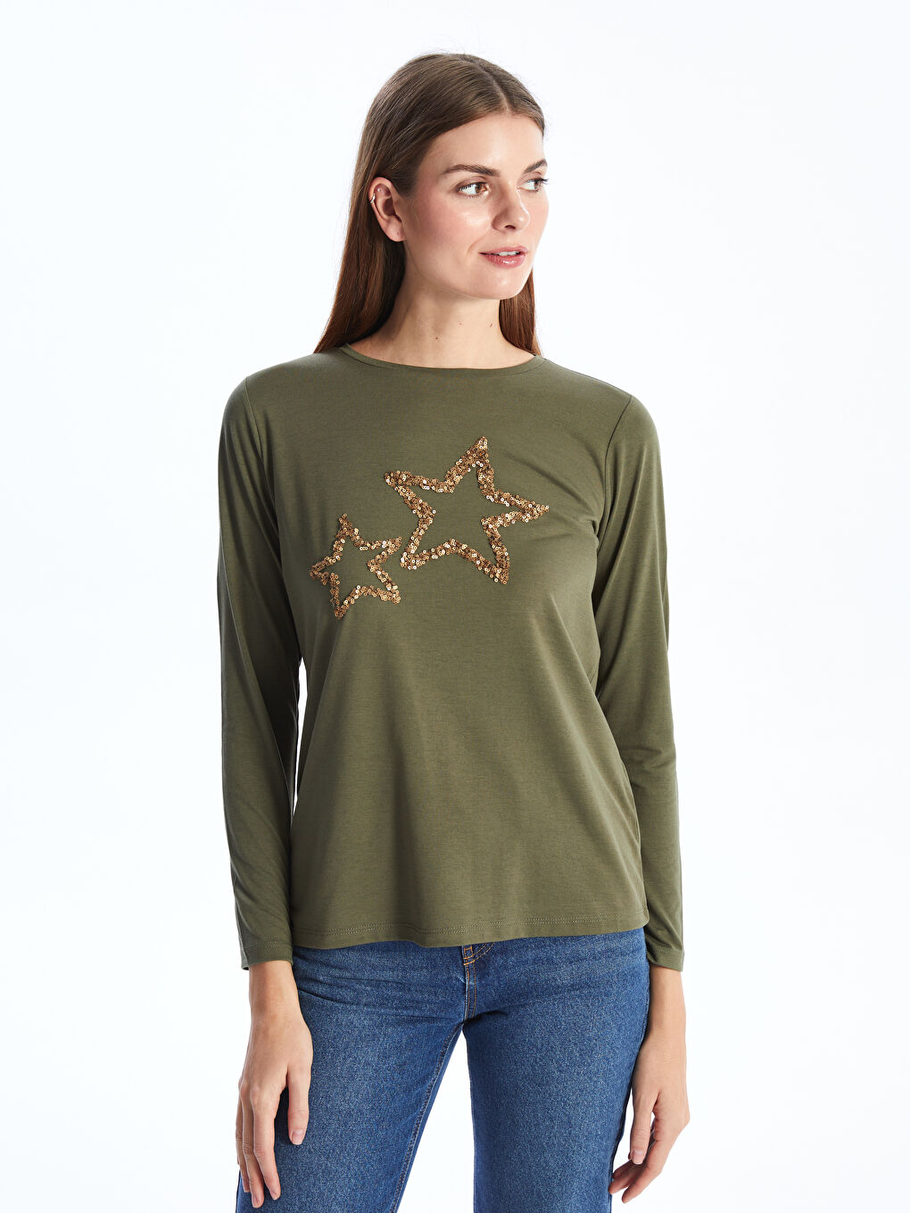 Crew Neck Printed Long Sleeve Women's T-Shirt -S4FQ45Z8-HDQ