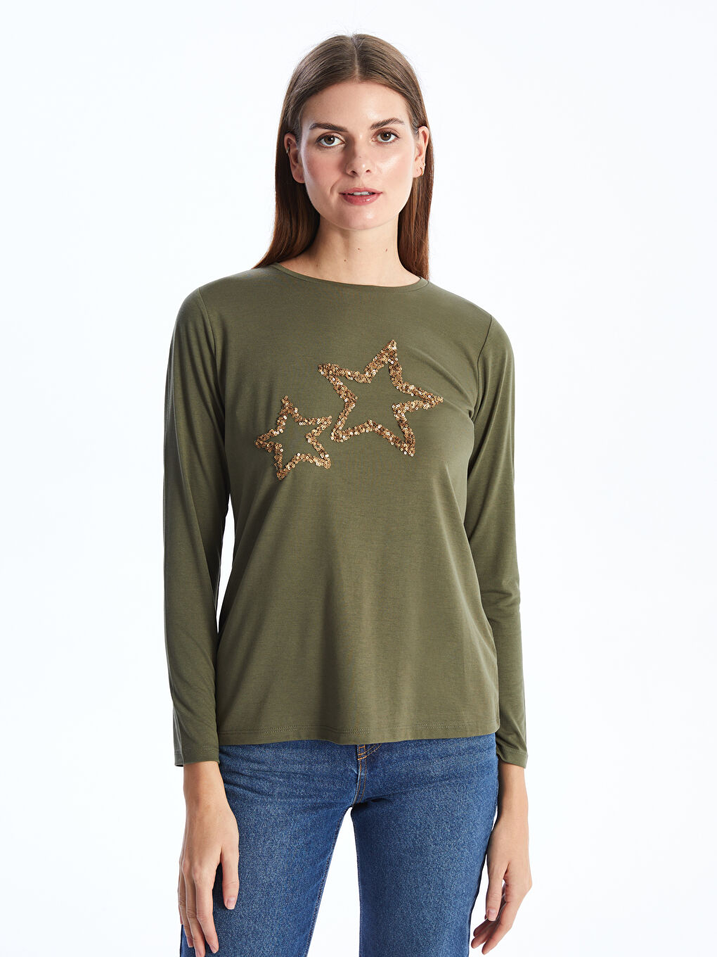 Crew Neck Printed Long Sleeve Women's T-Shirt -S4FQ45Z8-HDQ