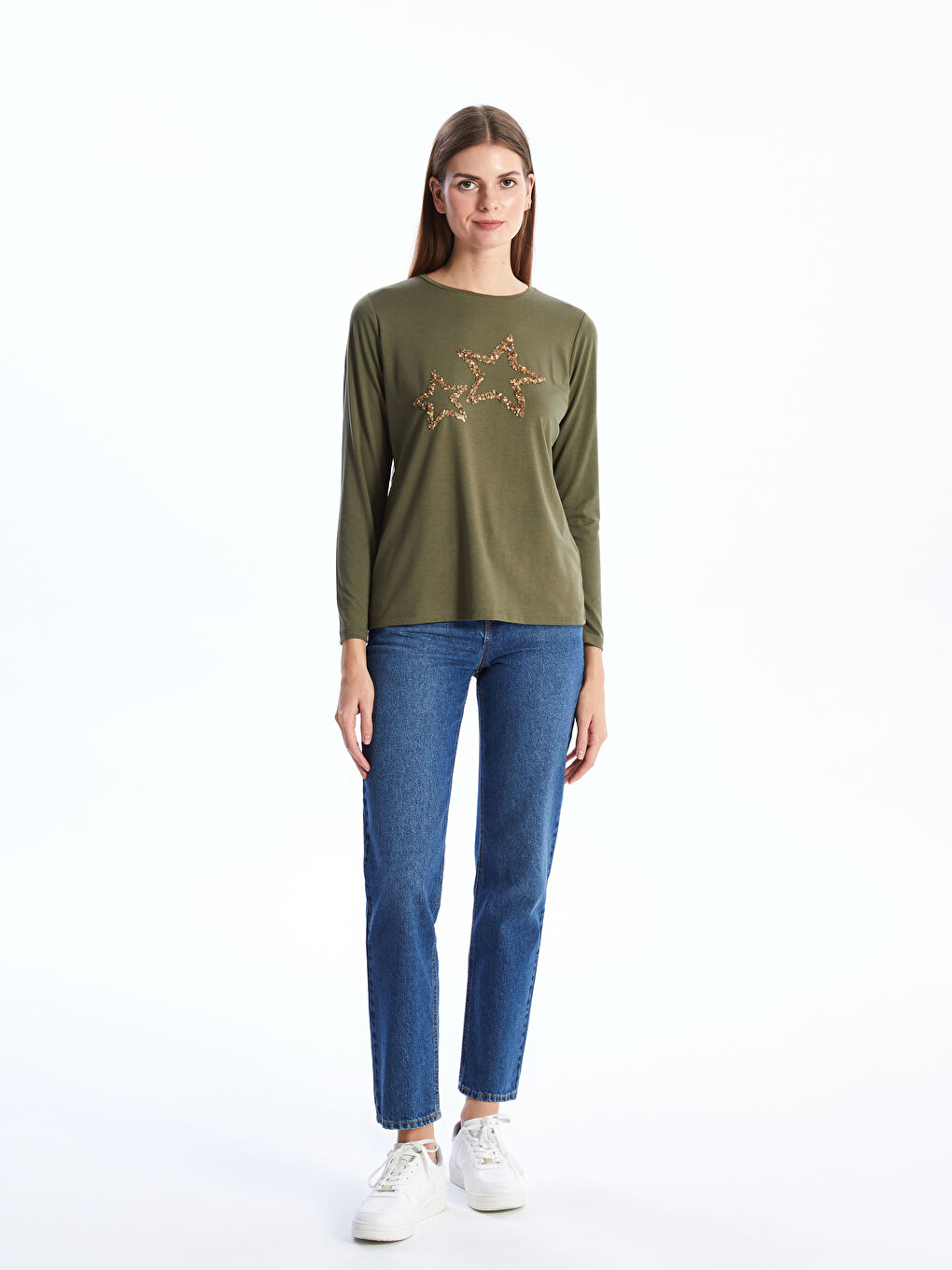 Crew Neck Printed Long Sleeve Women's T-Shirt -S4FQ45Z8-HDQ