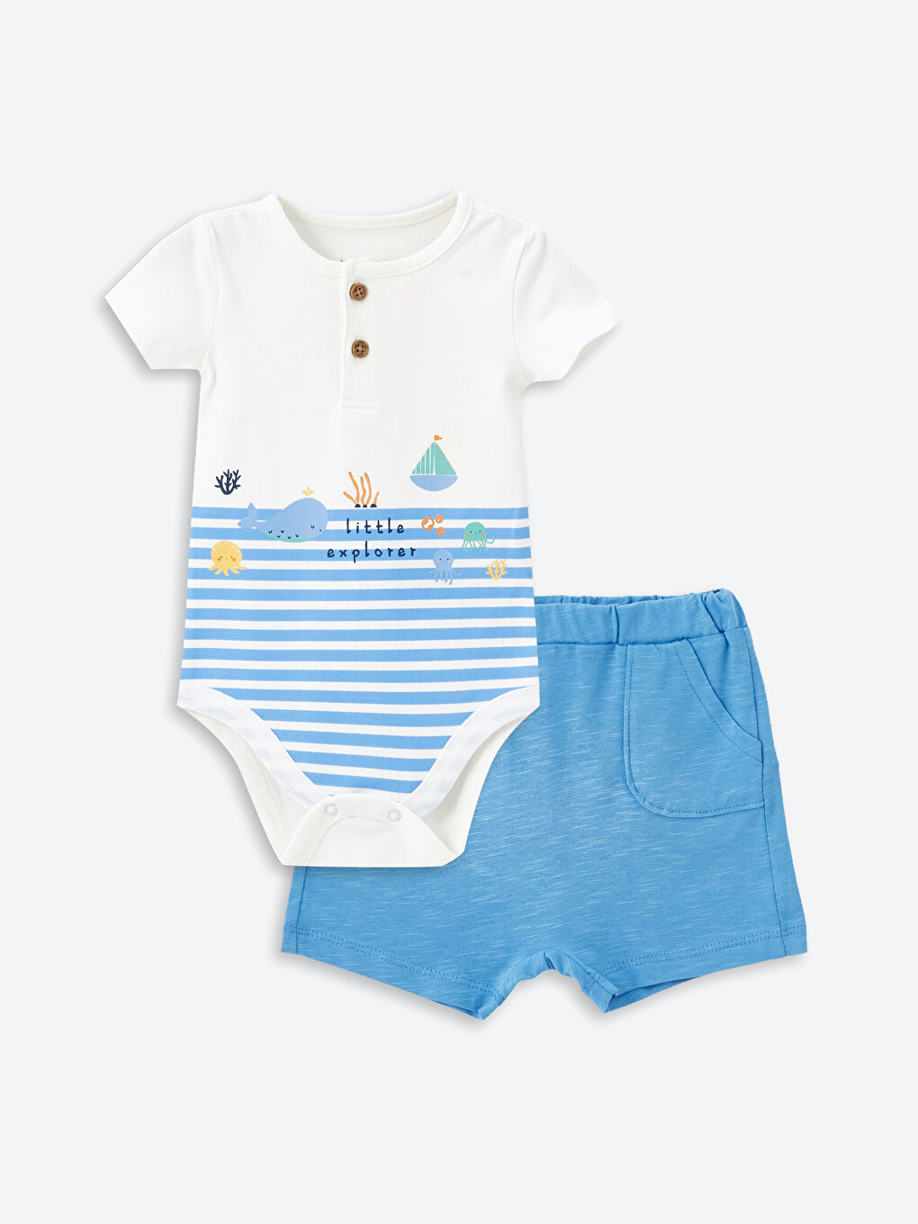 طقم بودي وشورت ولادي رضع مخطط بأكمام قصيرة وياقة دائرية قطعتين