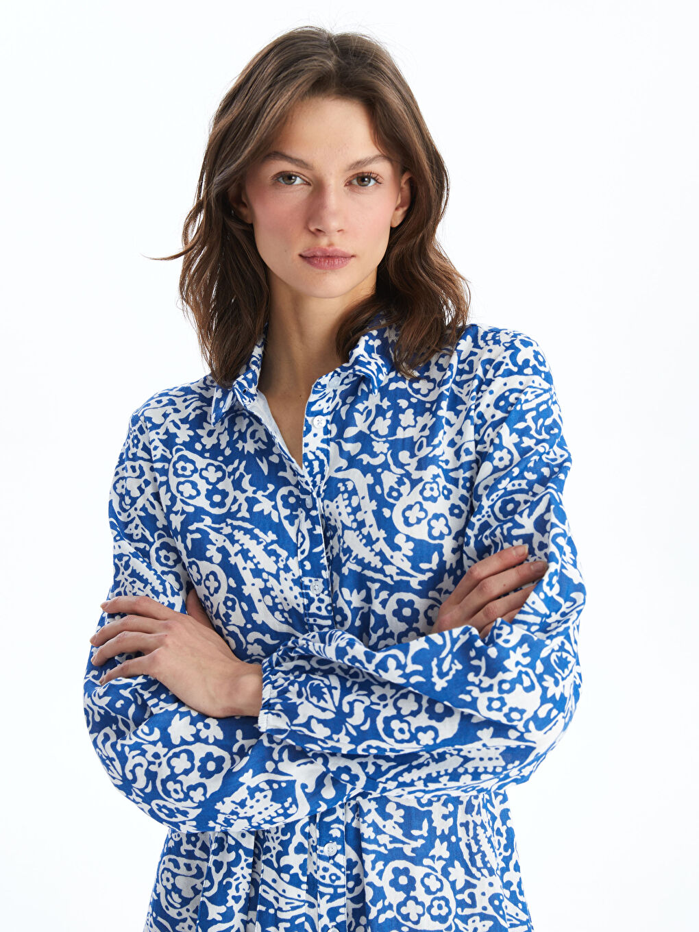 LCW Vision Patterned Long Sleeve Women's Shirt Dress -S4FQ79Z8-VE4