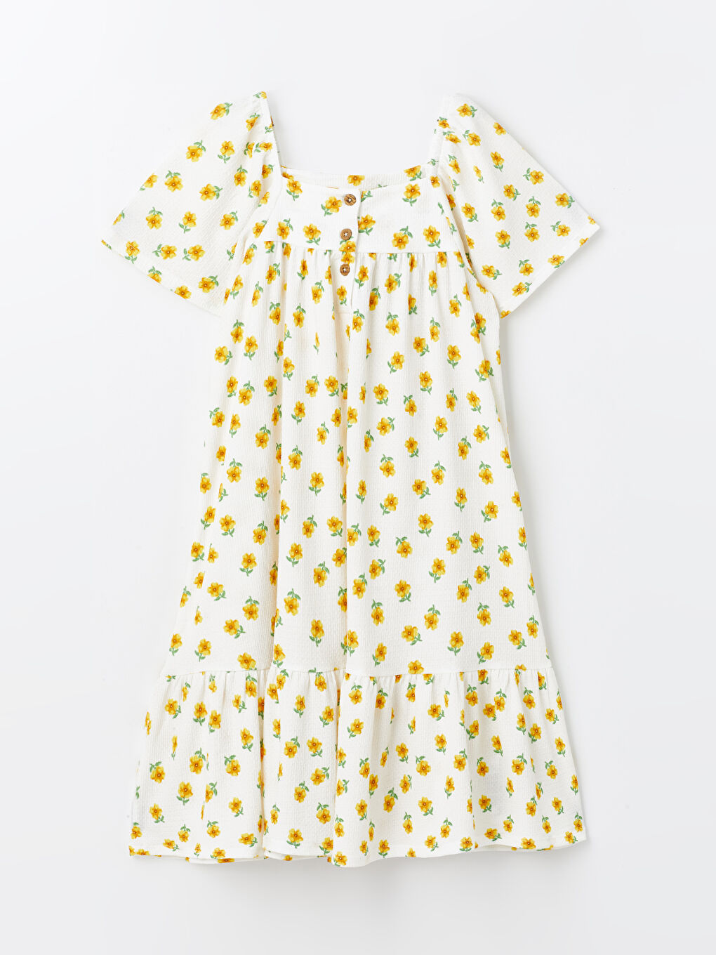 Ekru Kare Yaka Çiçekli Kısa Kollu Kız Çocuk Elbise