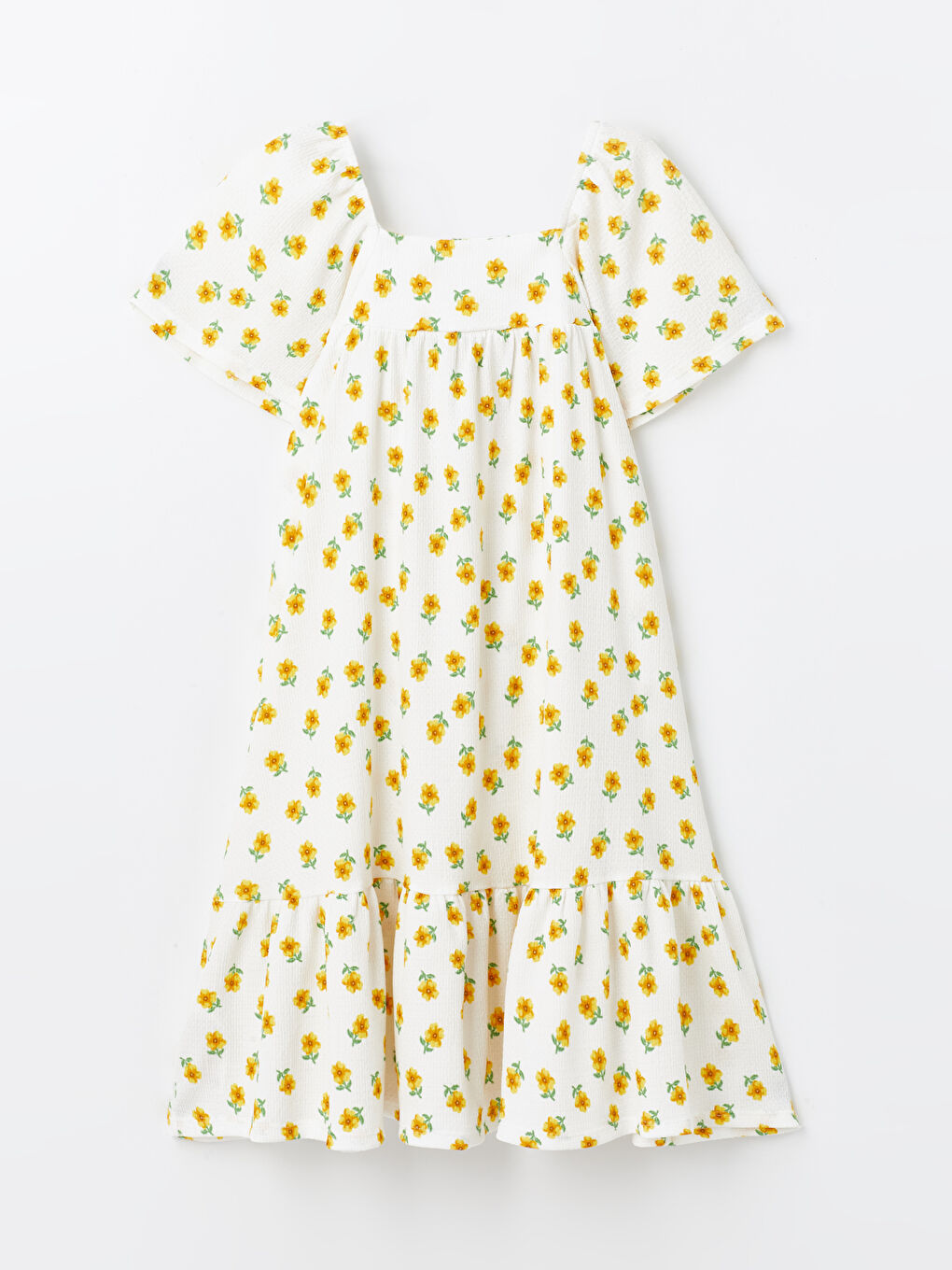 Ekru Kare Yaka Çiçekli Kısa Kollu Kız Çocuk Elbise-1