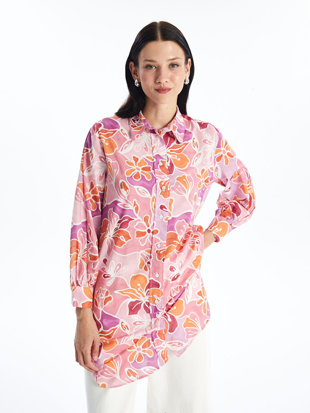 Patterned Long Sleeve Voile Women's Shirt Tunic -S4FR56Z8-LT9