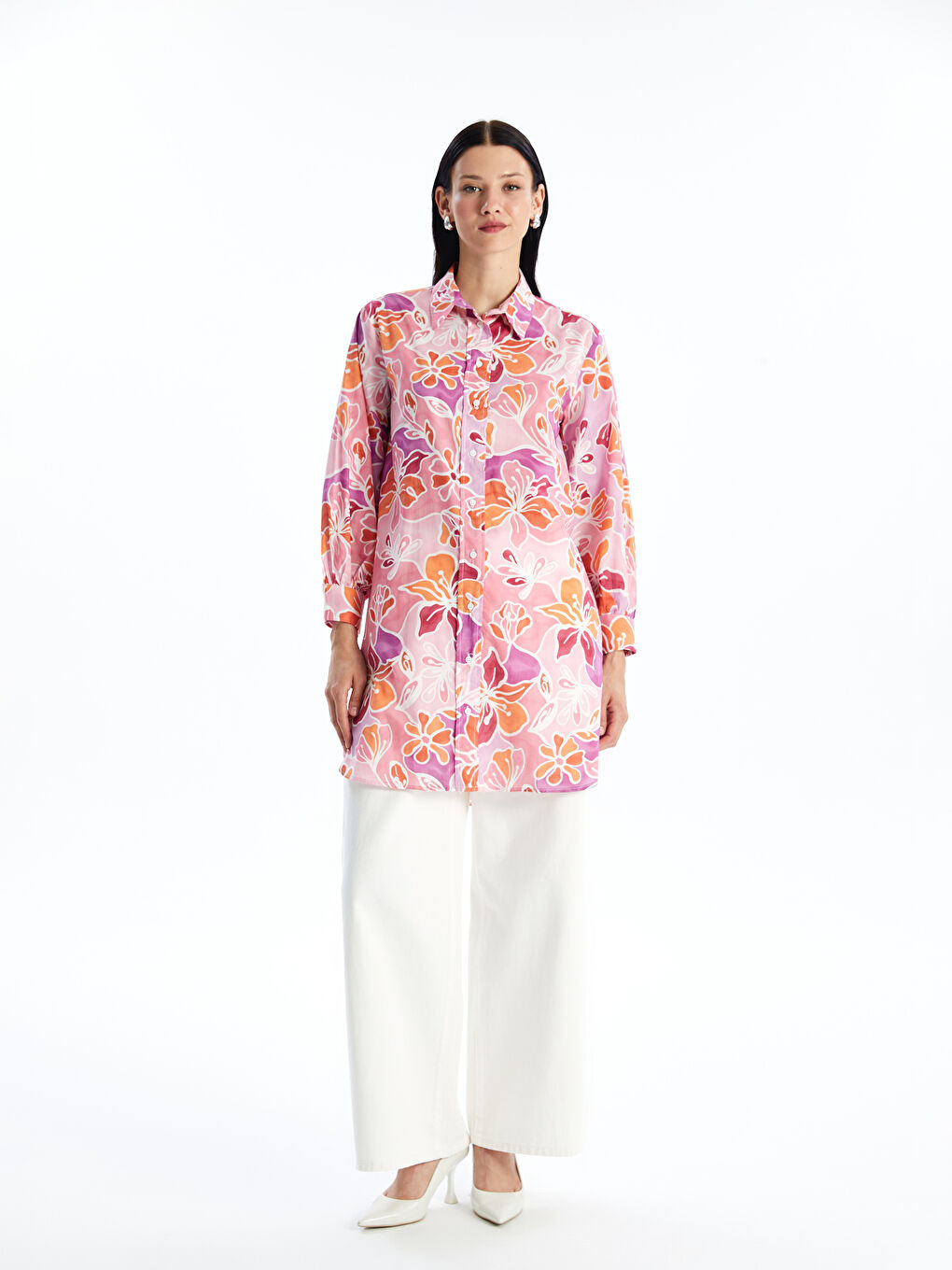Patterned Long Sleeve Voile Women's Shirt Tunic -S4FR56Z8-LT9