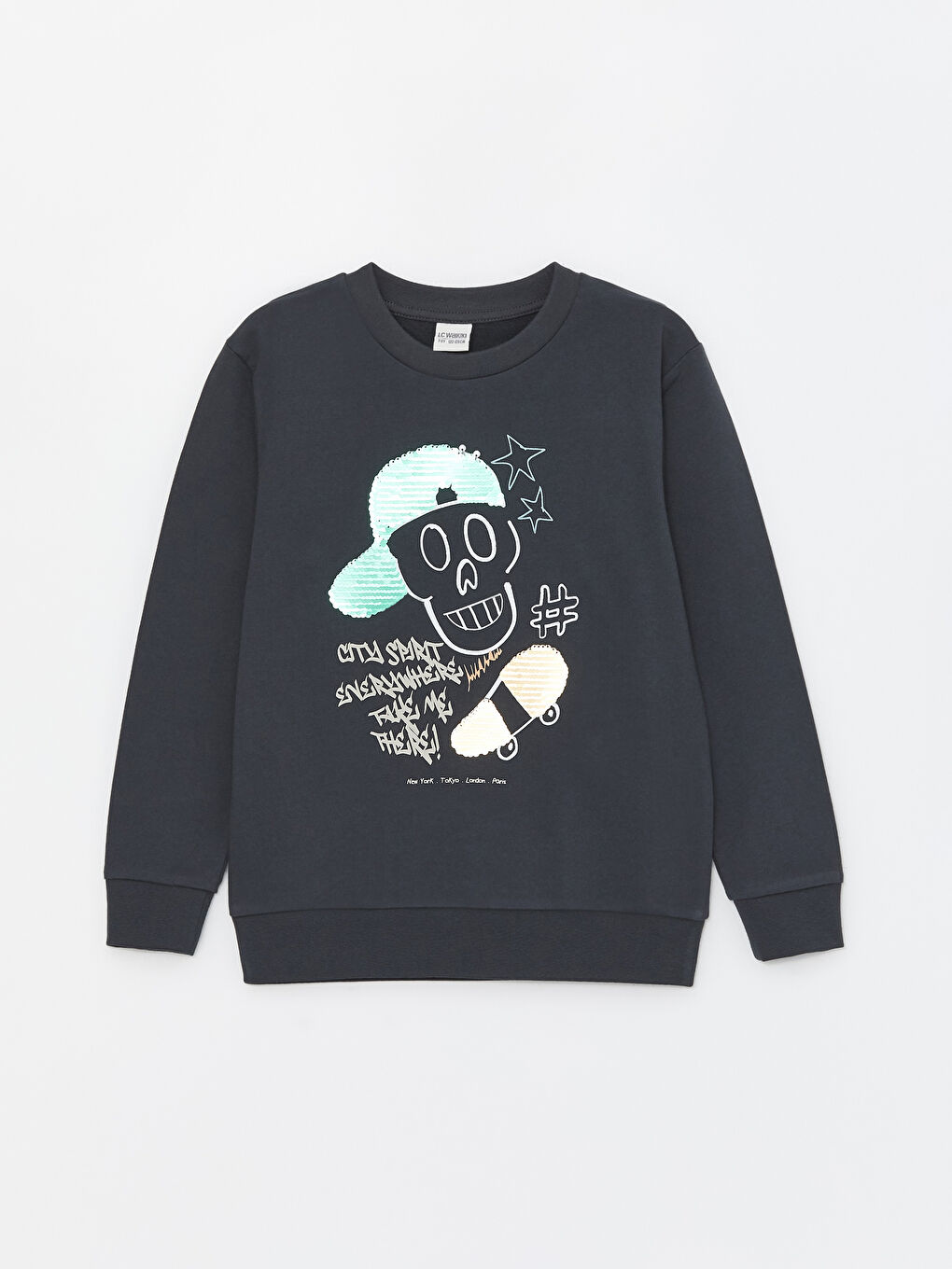 LCW Kids Antrasit Bisiklet Yaka Baskılı Çift Yönlü Payetli Uzun Kollu Erkek Çocuk Sweatshirt - 5