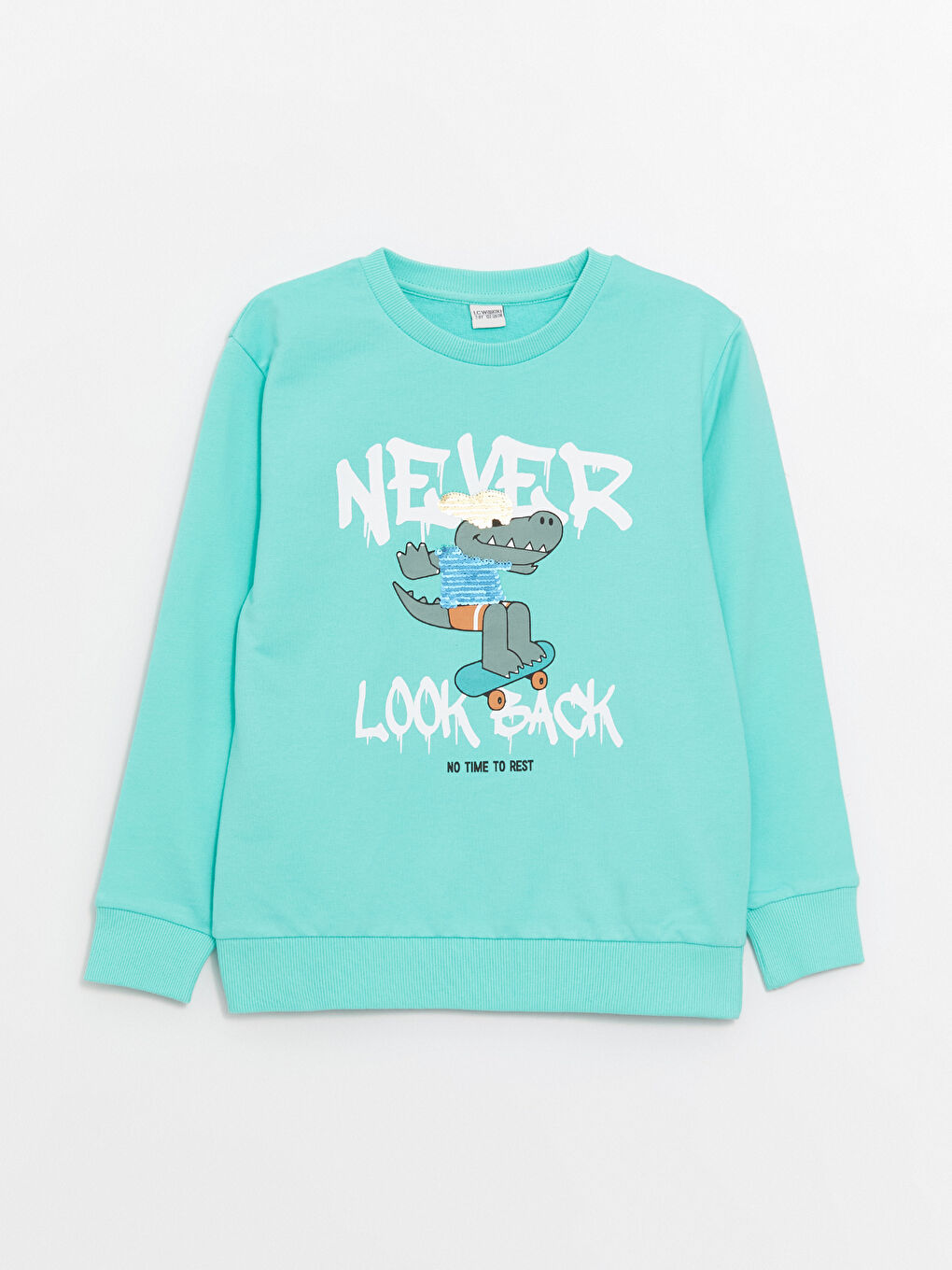 LCW Kids Suyeşili Bisiklet Yaka Baskılı Uzun Kollu Erkek Çocuk Sweatshirt