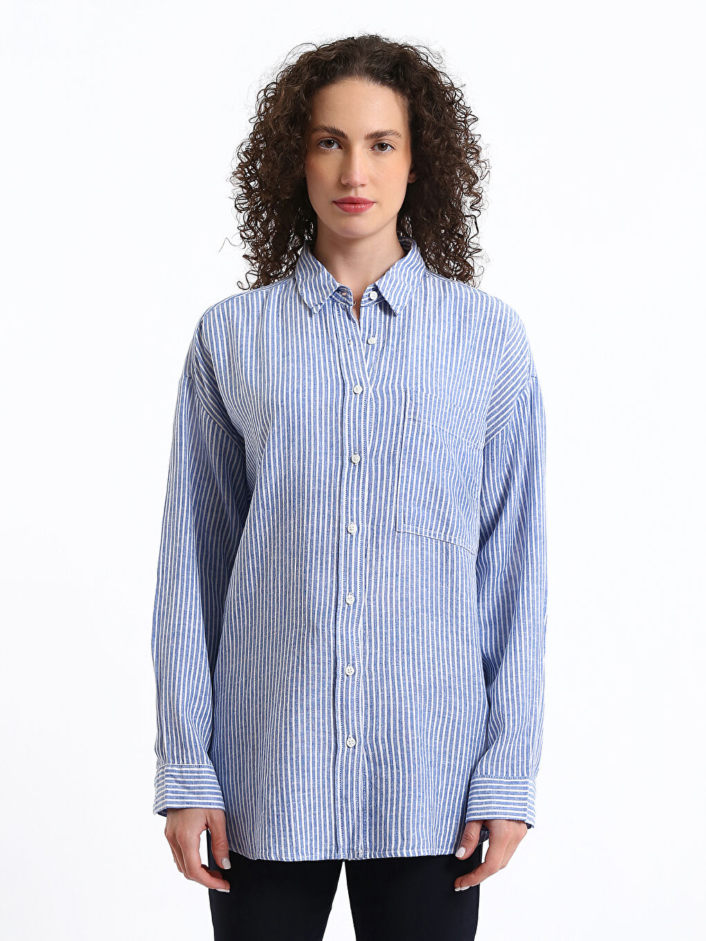 Striped Long Sleeve Oversize Linen Blend Women's Shirt