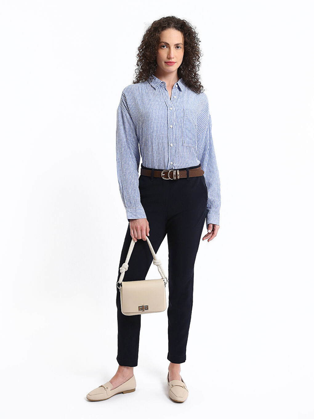 Striped Long Sleeve Oversize Linen Blend Women's Shirt-1