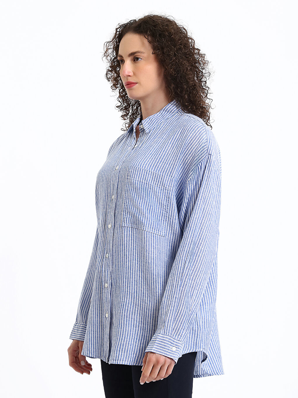 Striped Long Sleeve Oversize Linen Blend Women's Shirt-2