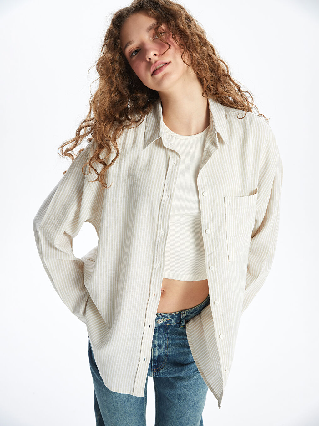 Striped Long Sleeve Oversize Linen Blend Women's Shirt -S4FS92Z8-Y0T