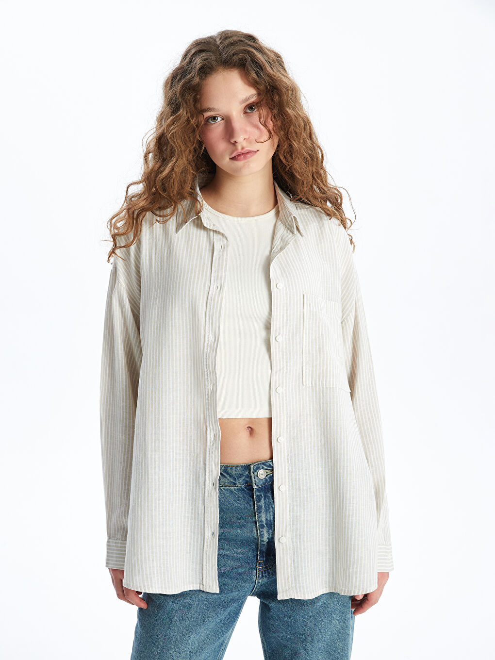 Striped Long Sleeve Oversize Linen Blend Women's Shirt -S4FS92Z8-Y0T
