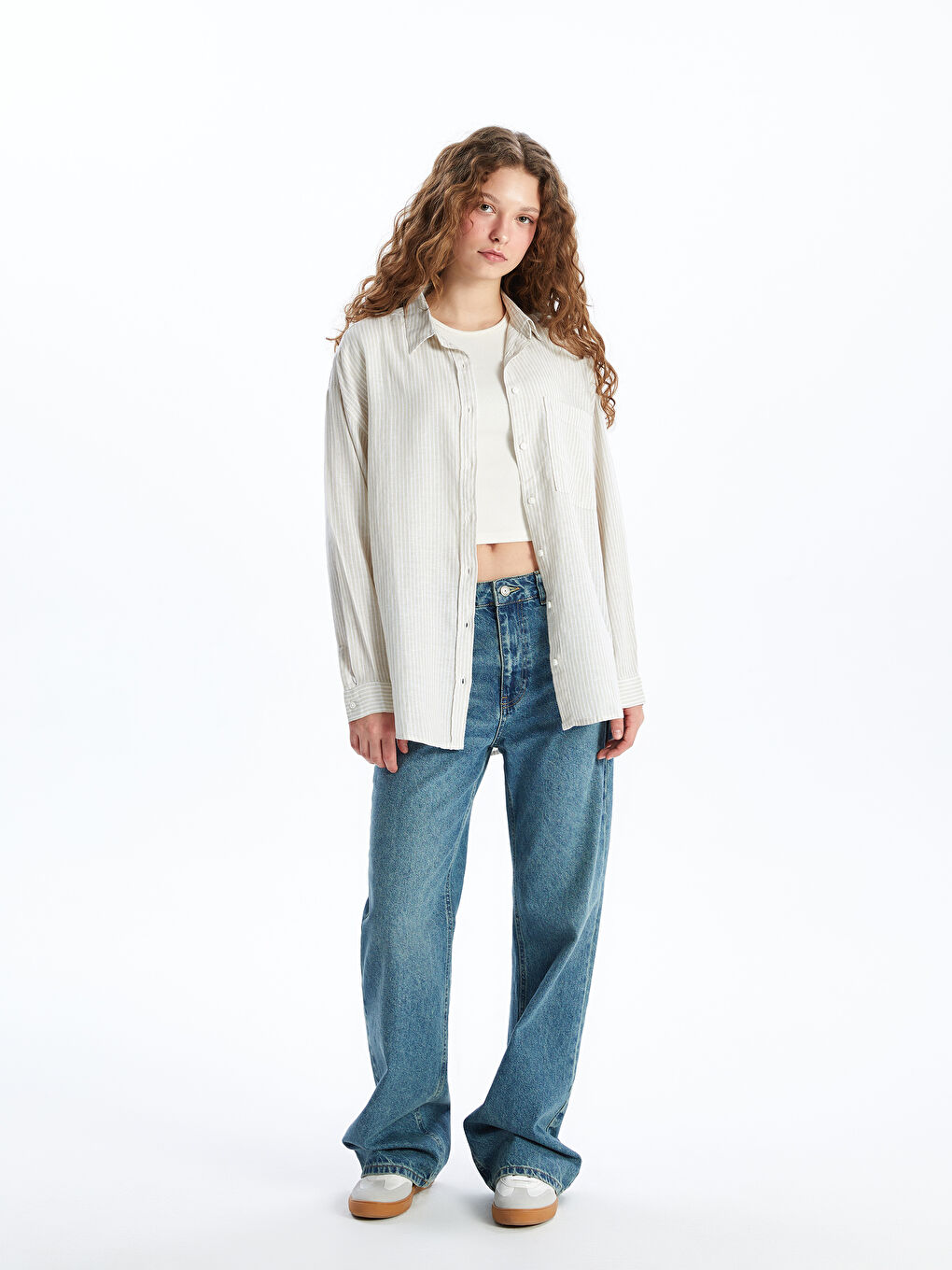 Striped Long Sleeve Oversize Linen Blend Women's Shirt -S4FS92Z8-Y0T