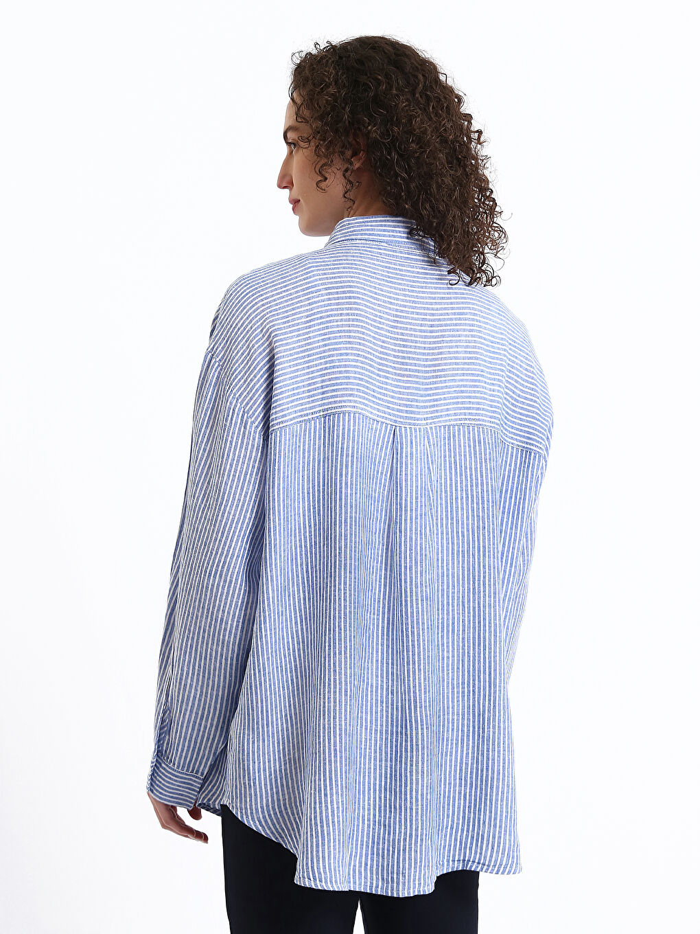 Gestreiftes Langarm Oversize Leinenmischung Damenhemd-4