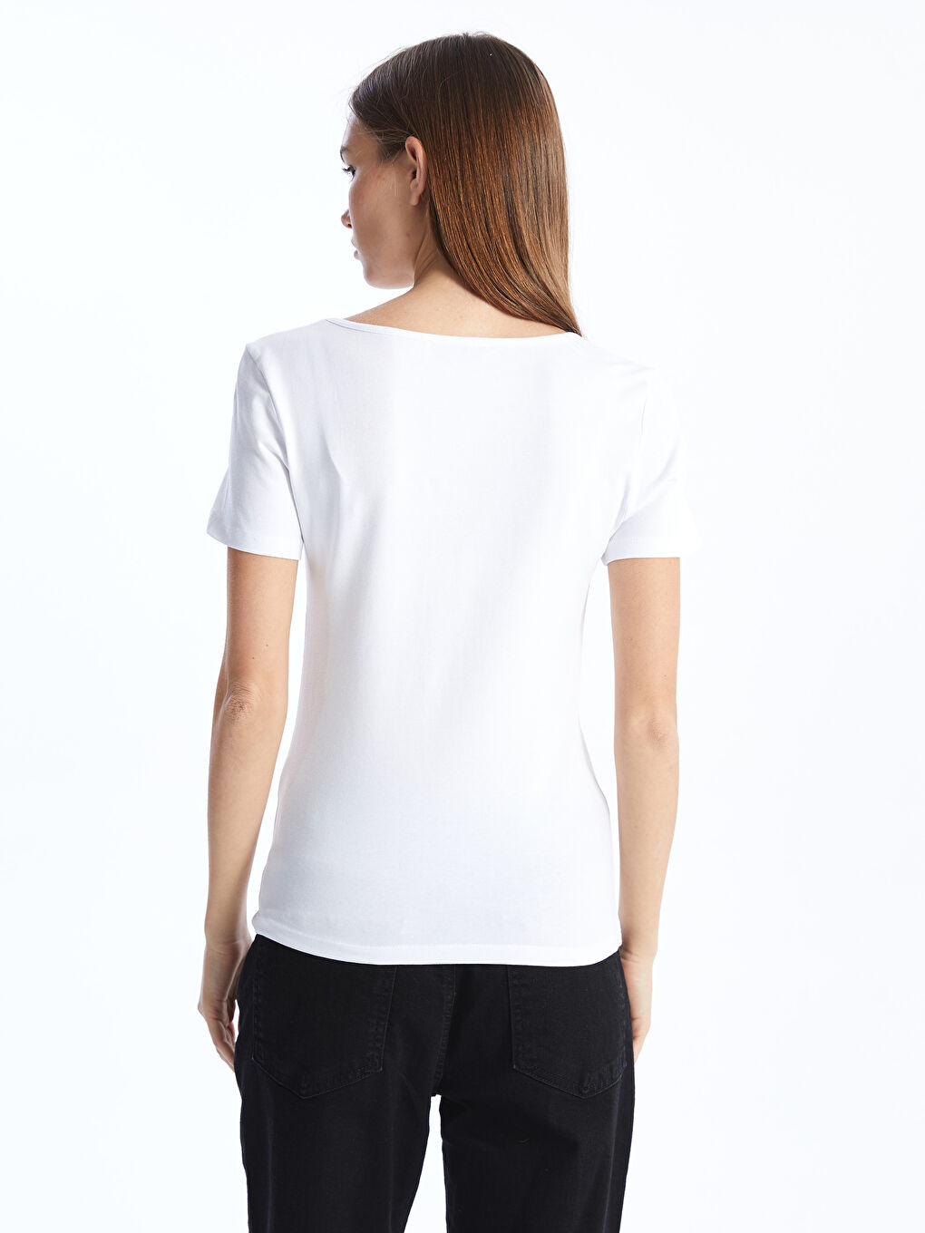 Beyaz U Yaka Düz Kısa Kollu Kadın Tişört-4