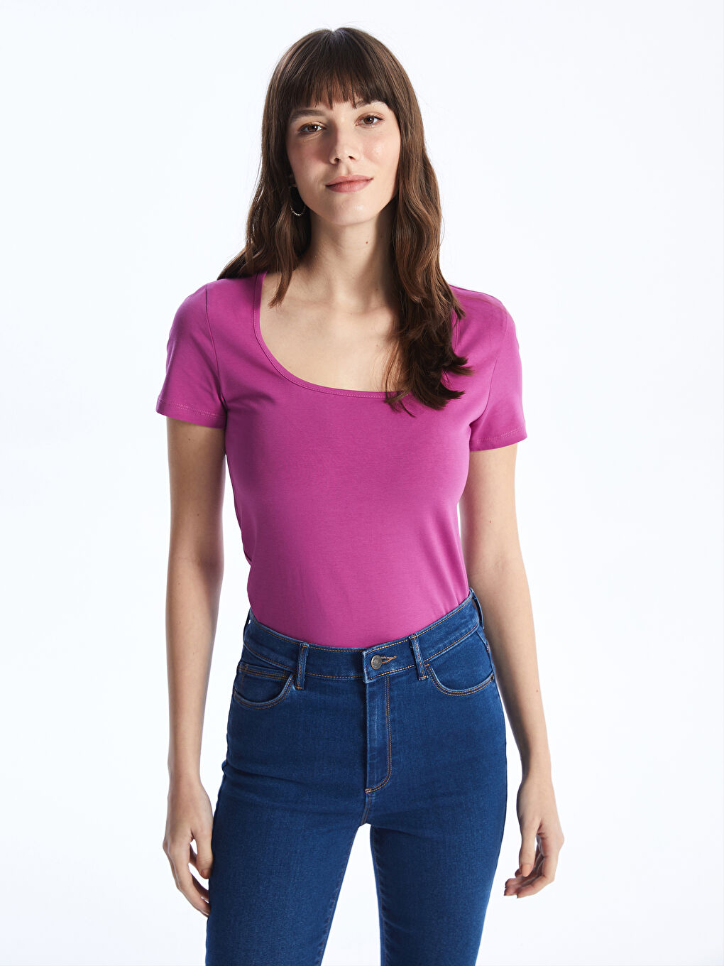 Mor U Yaka Düz Kısa Kollu Kadın Tişört