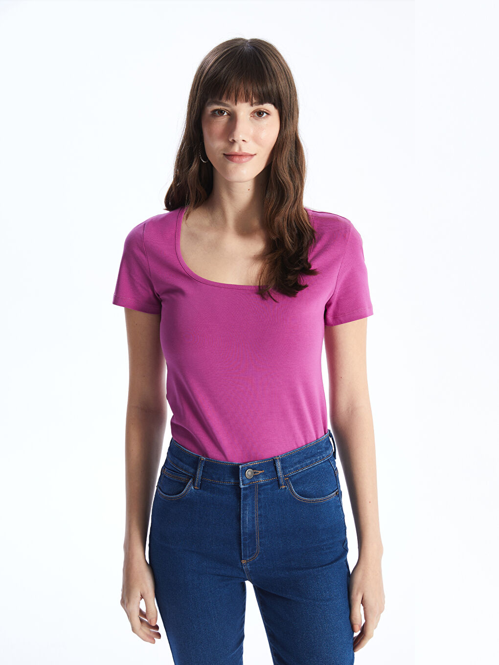 Mor U Yaka Düz Kısa Kollu Kadın Tişört-1