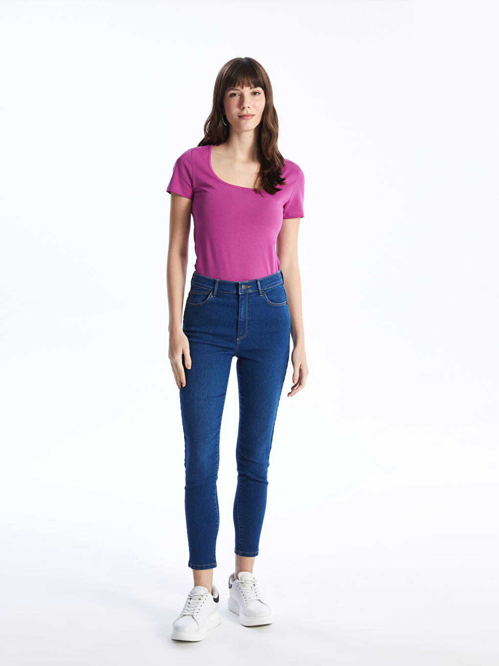 Mor U Yaka Düz Kısa Kollu Kadın Tişört-2