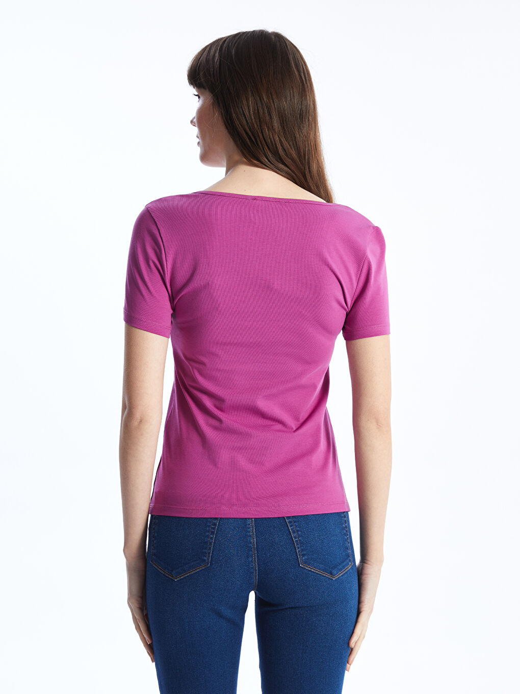 Mor U Yaka Düz Kısa Kollu Kadın Tişört-4