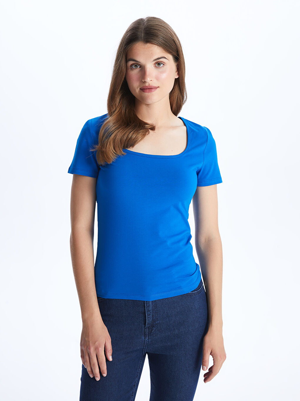 Mavi U Yaka Düz Kısa Kollu Kadın Tişört