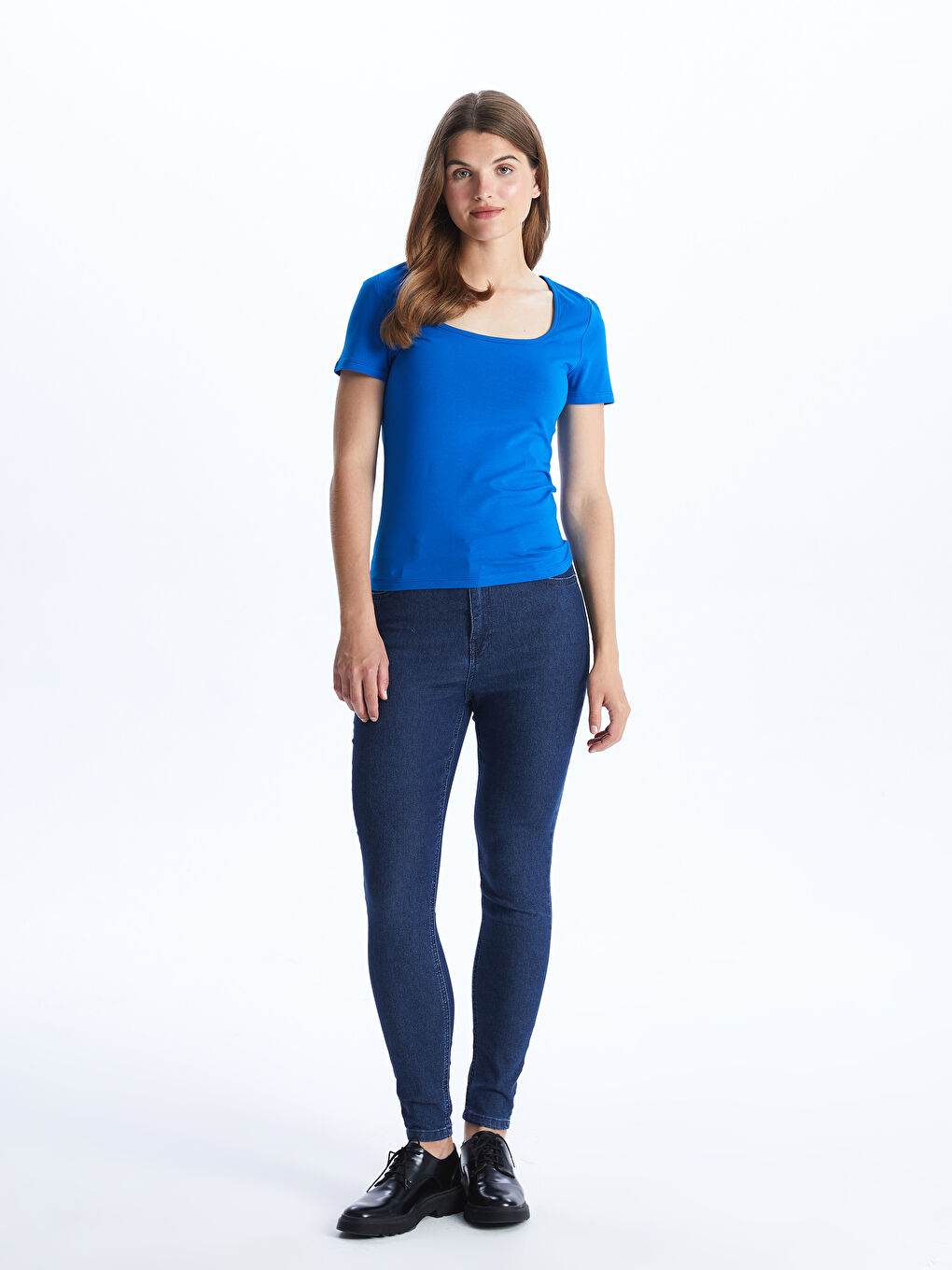 Mavi U Yaka Düz Kısa Kollu Kadın Tişört-2