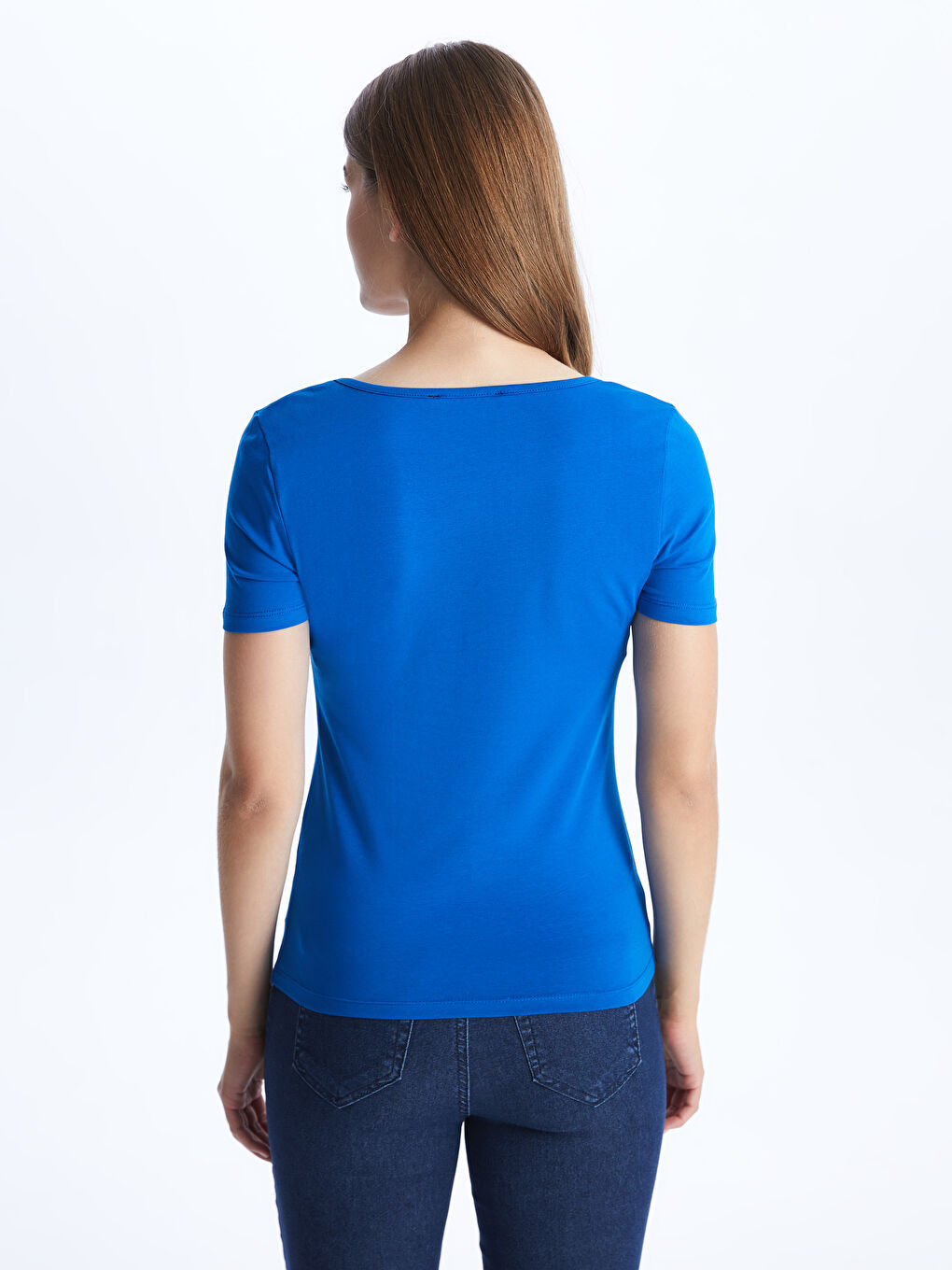 Mavi U Yaka Düz Kısa Kollu Kadın Tişört-4