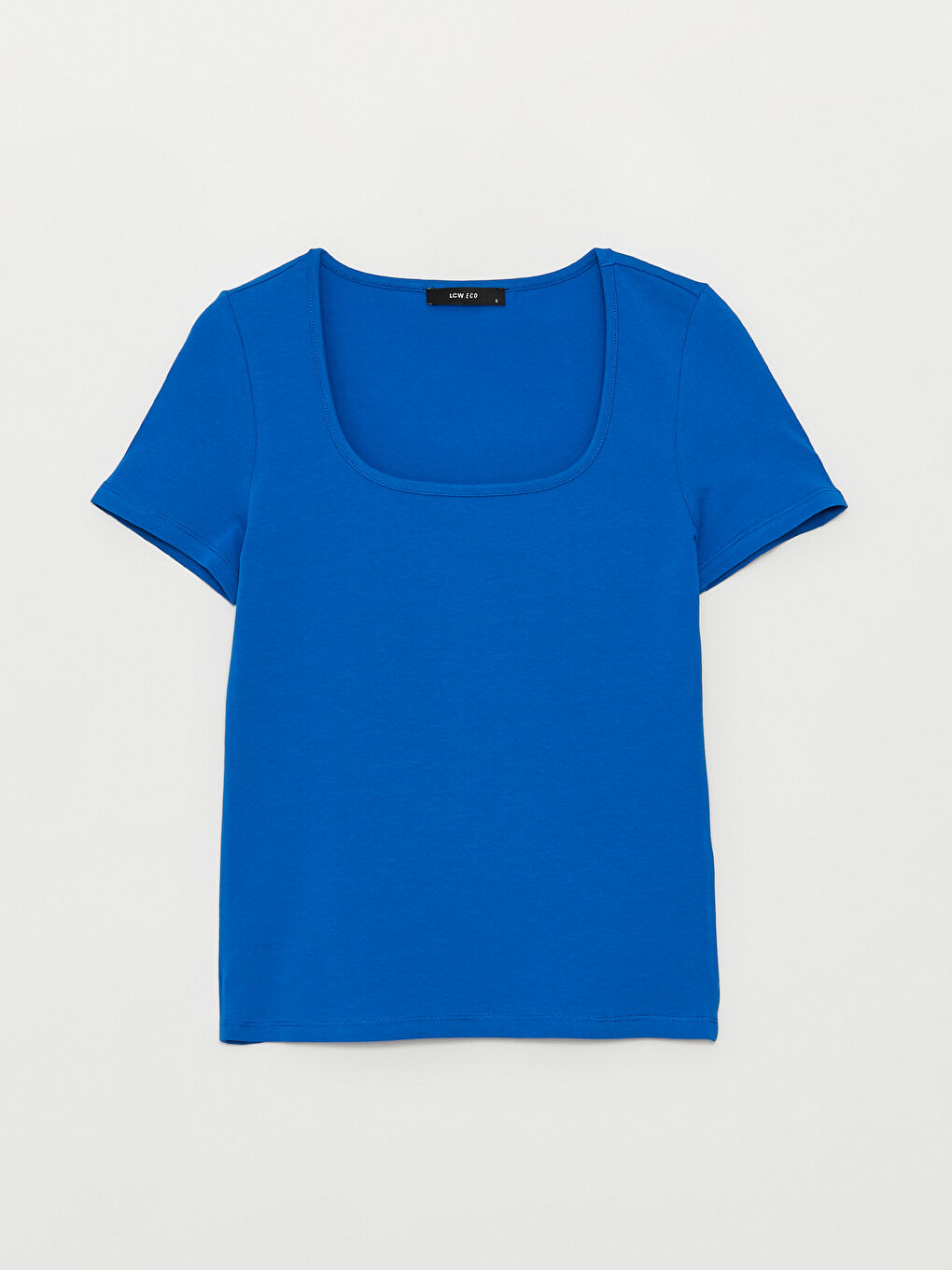 Mavi U Yaka Düz Kısa Kollu Kadın Tişört-5