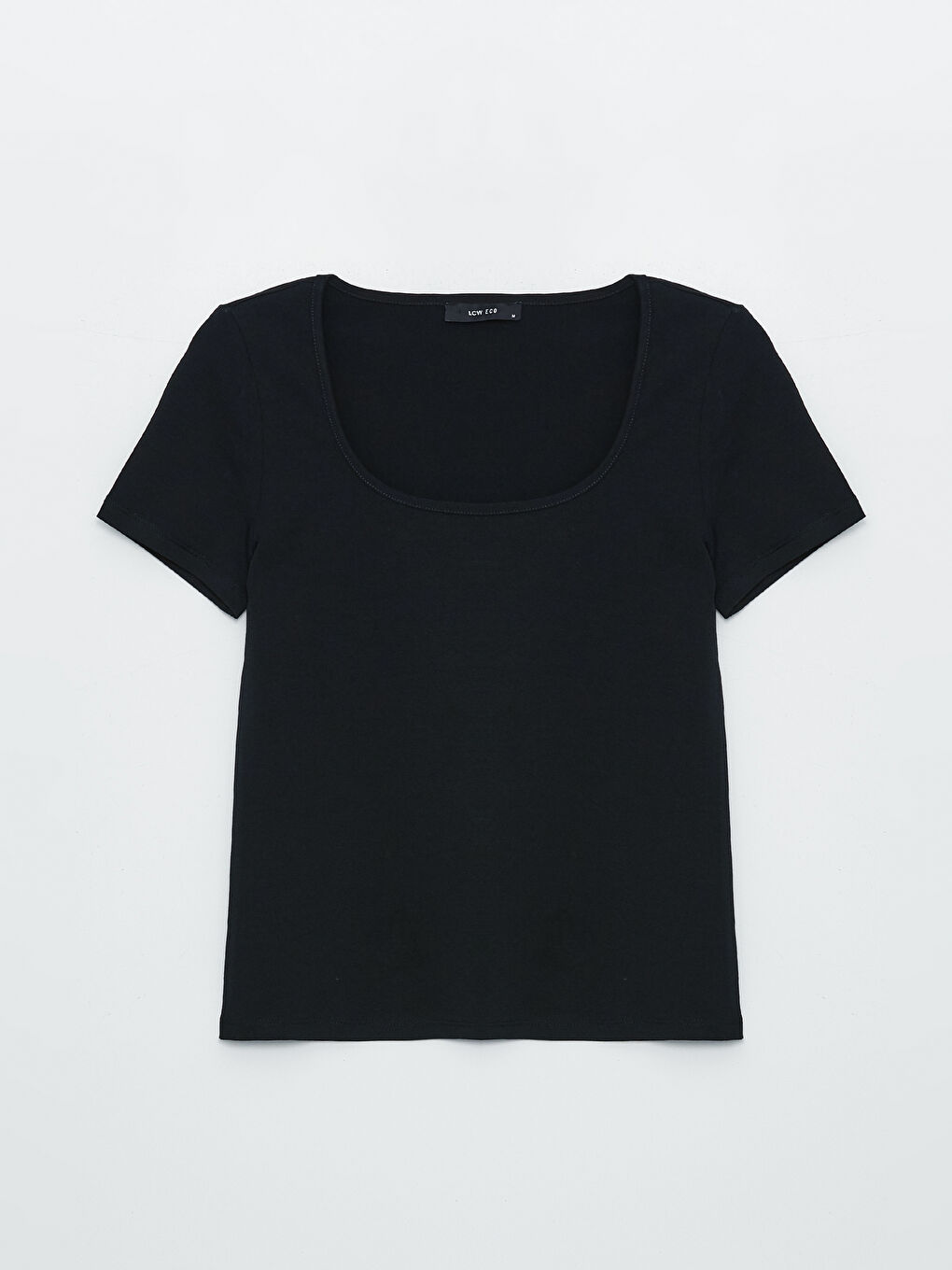 Siyah U Yaka Düz Kısa Kollu Kadın Tişört-5