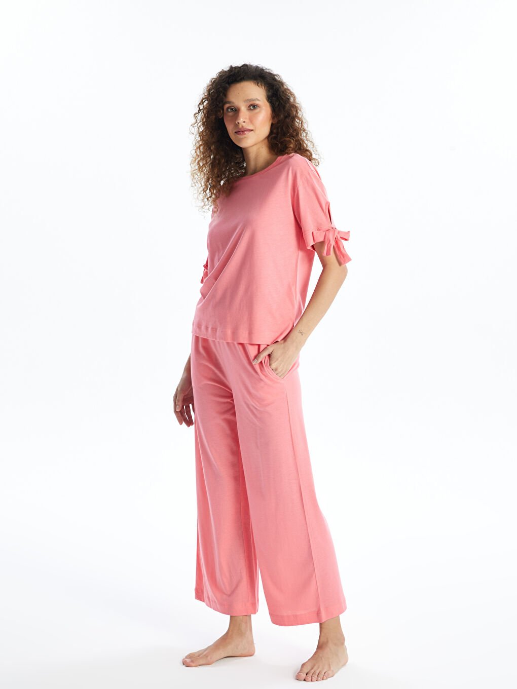 Crew Neck Straight Short Sleeve Women's Pajamas Set -S4FT42Z8-GBC