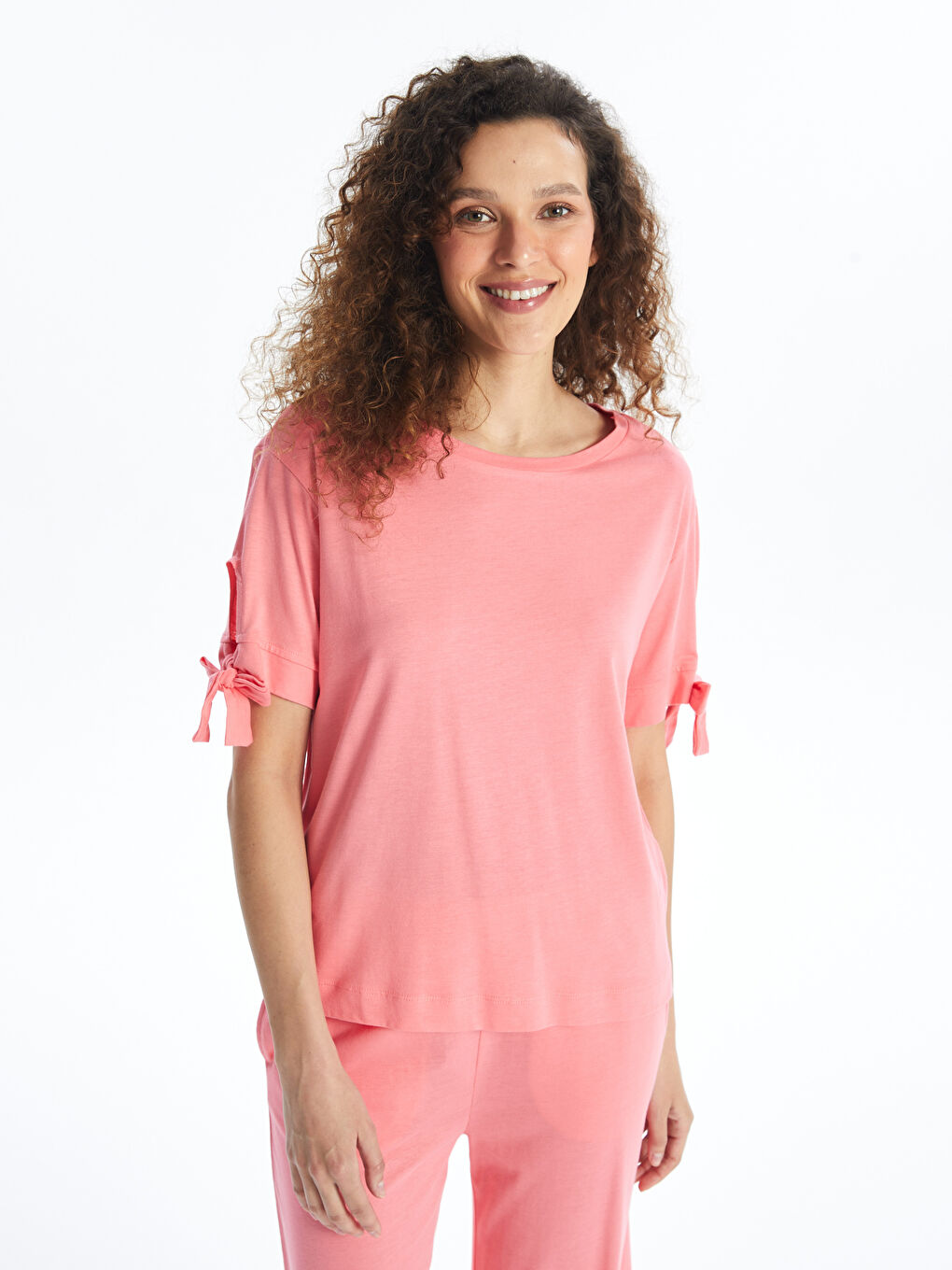 Crew Neck Straight Short Sleeve Women's Pajamas Set -S4FT42Z8-GBC