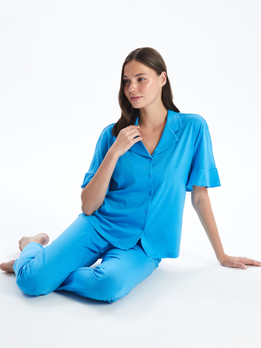 Collared Neck Plain Short Sleeve Women's Pyjama Set -S4FT45Z8-GWF