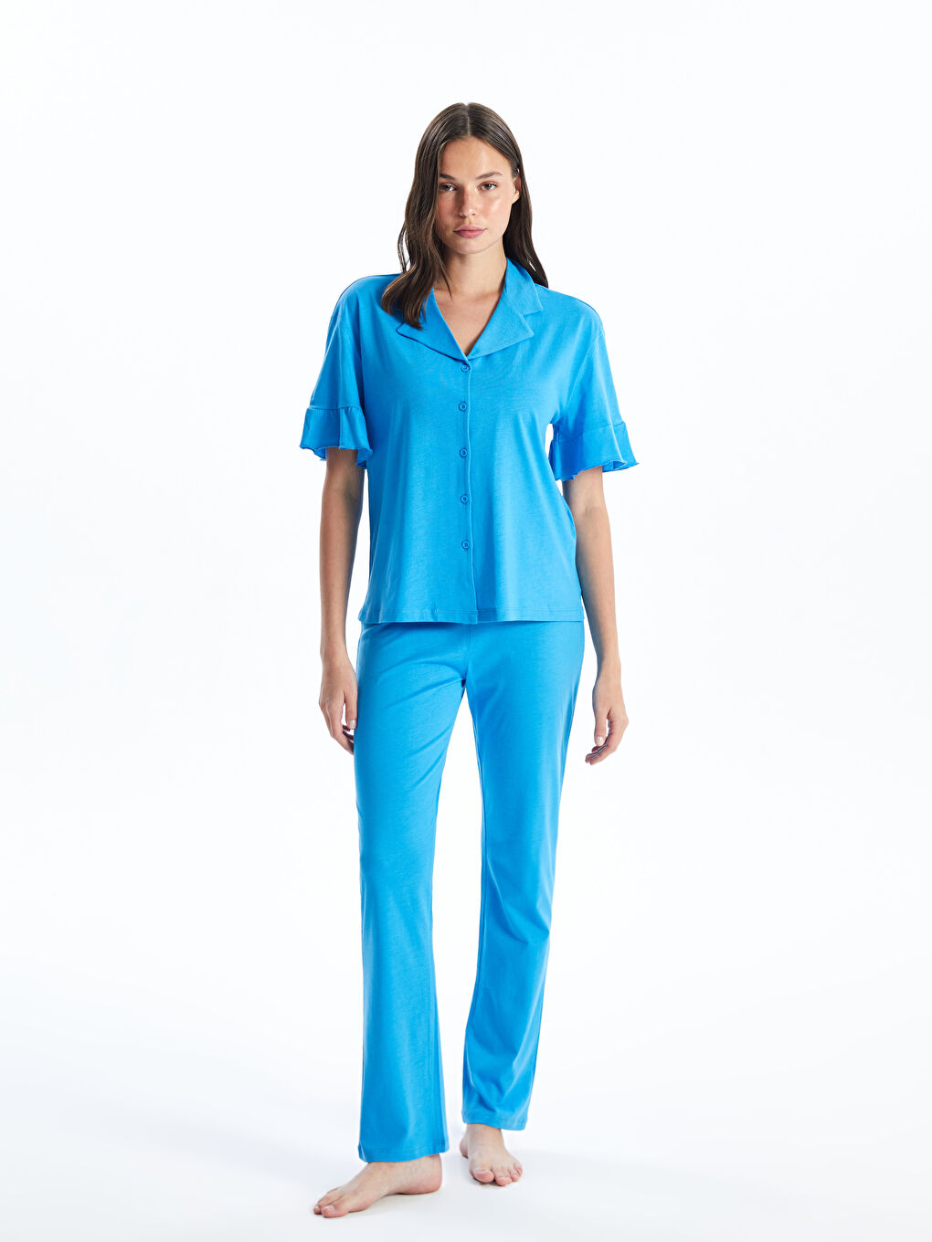 Collared Neck Plain Short Sleeve Women's Pyjama Set -S4FT45Z8-GWF