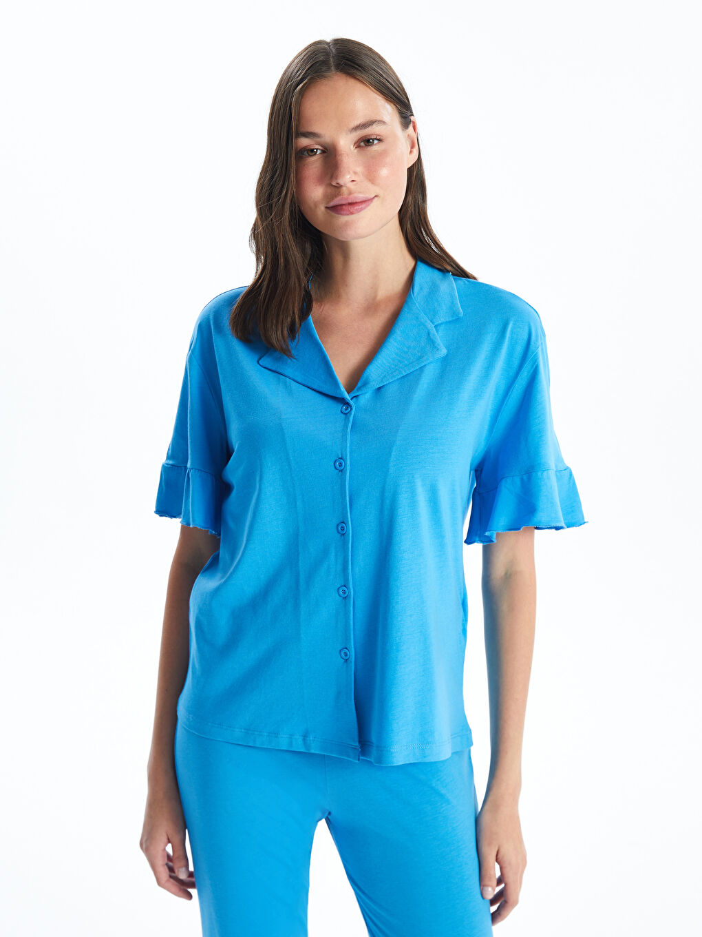 Collared Neck Plain Short Sleeve Women's Pyjama Set -S4FT45Z8-GWF