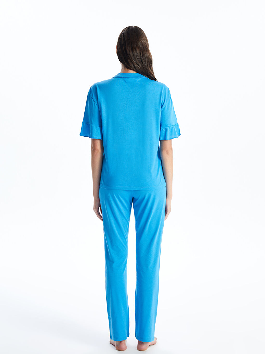 Collared Neck Plain Short Sleeve Women's Pyjama Set -S4FT45Z8-GWF
