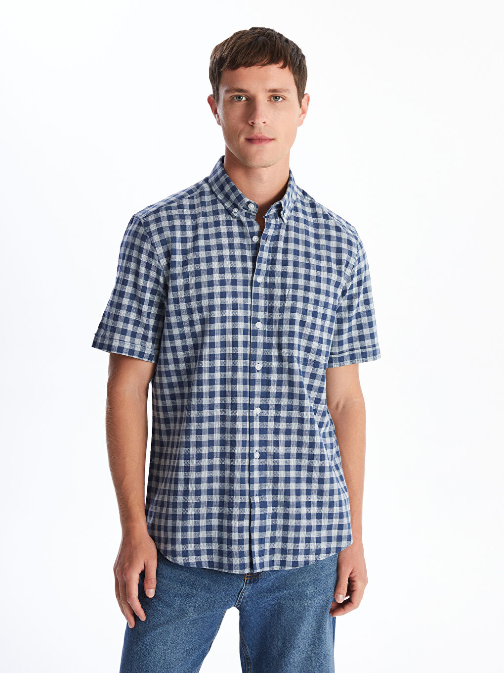 Yeşil Regular Fit Kısa Kollu Ekose Poplin Erkek Gömlek