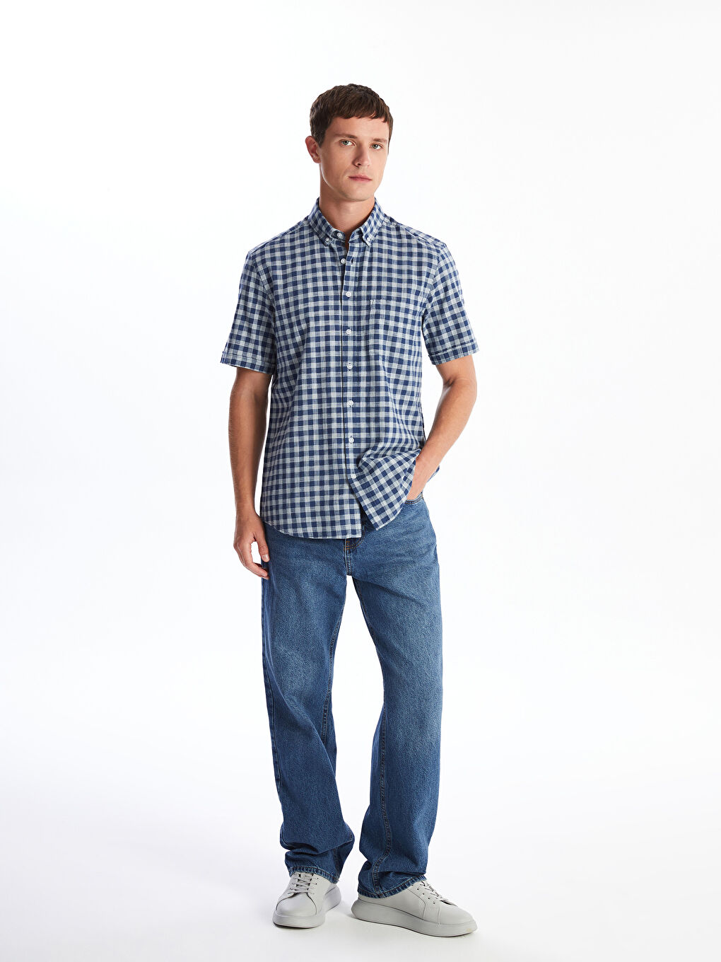 Yeşil Regular Fit Kısa Kollu Ekose Poplin Erkek Gömlek-2