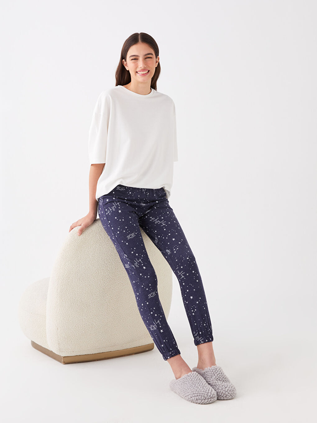 Lacivert Beli Lastikli Desenli Kadın Jogger Pijama Altı