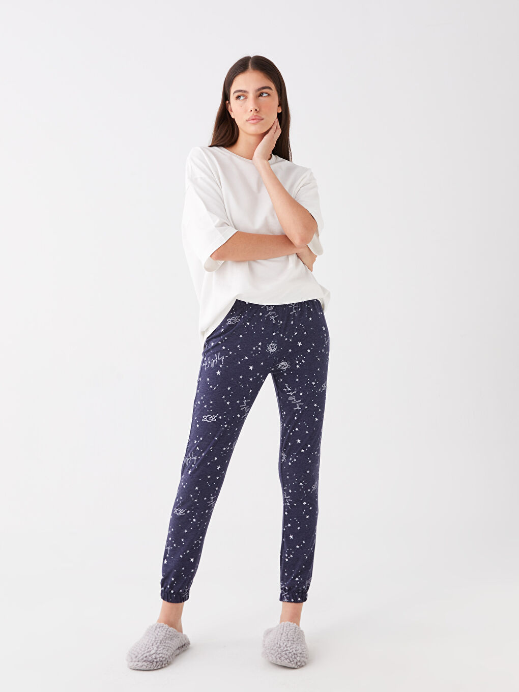 Lacivert Beli Lastikli Desenli Kadın Jogger Pijama Altı-1