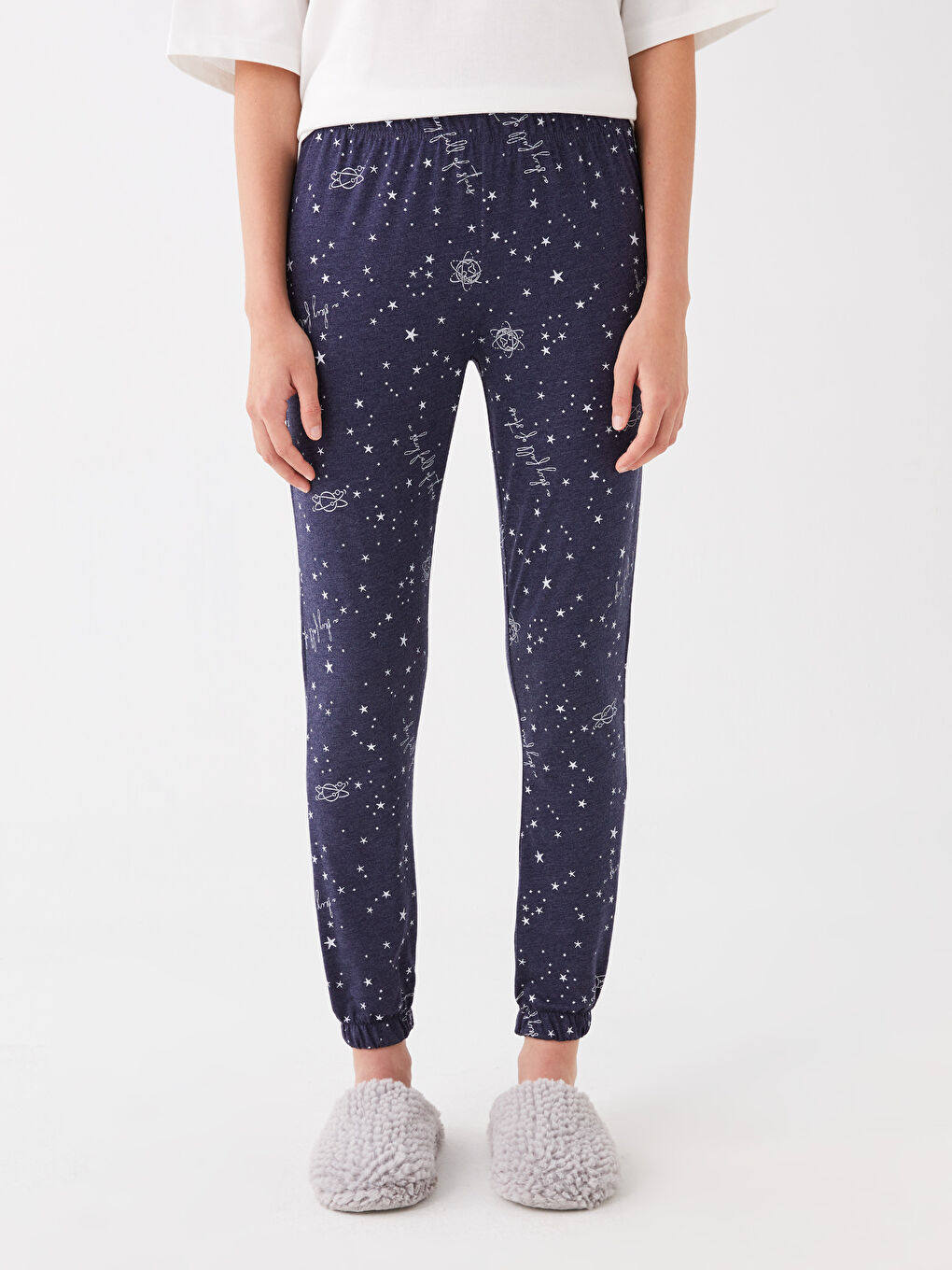 Lacivert Beli Lastikli Desenli Kadın Jogger Pijama Altı-2
