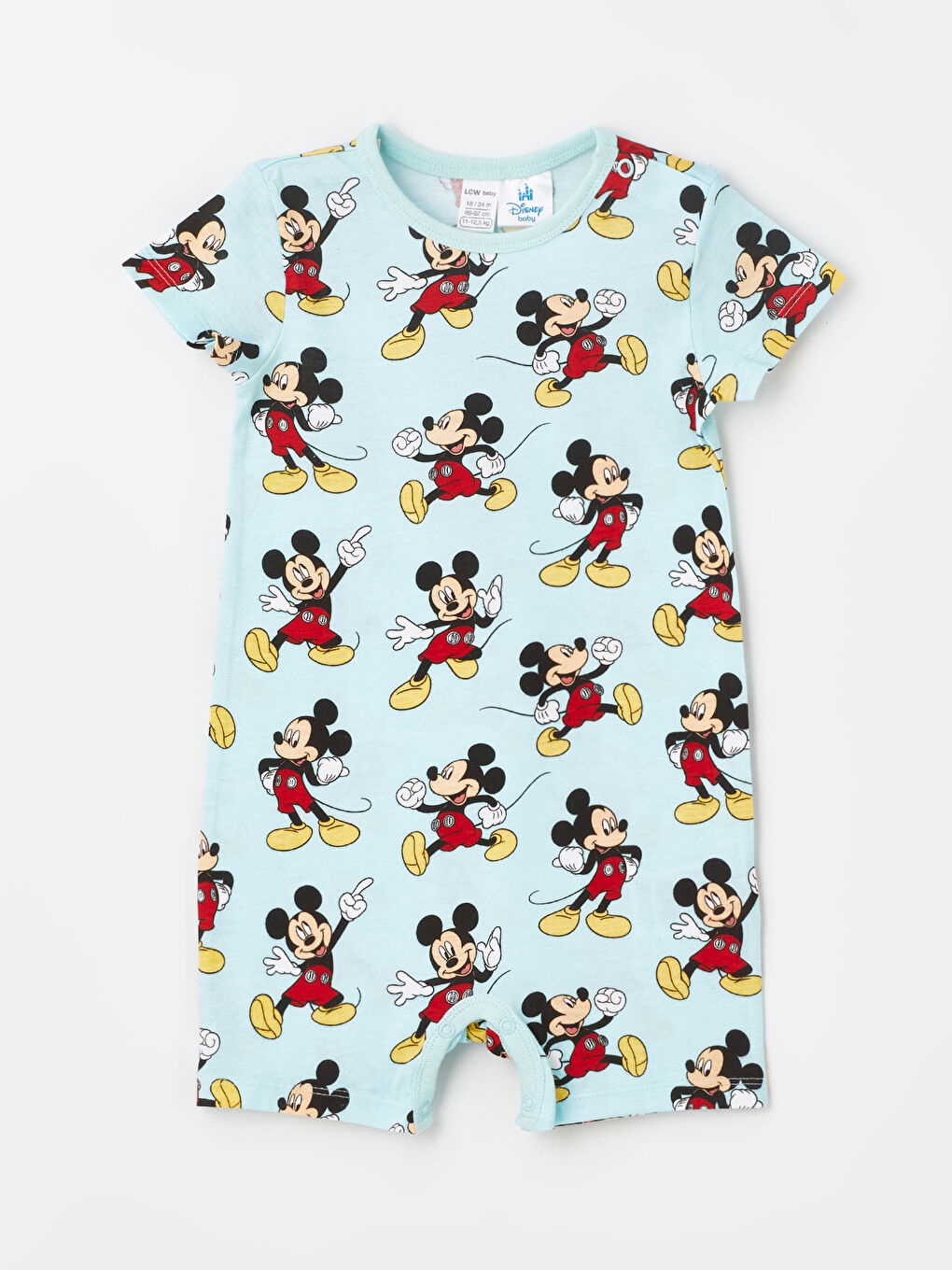 Turkuaz Bisiklet Yaka Kısa Kollu Mickey Mouse Baskılı Erkek Bebek Tulum
