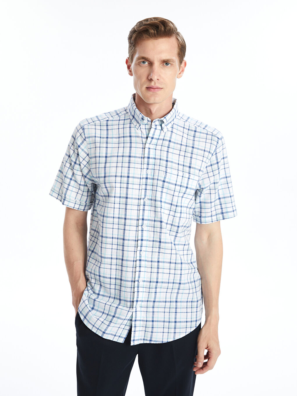LCWAIKIKI Classic Turkuaz Regular Fit Kısa Kollu Ekose Poplin Erkek Gömlek