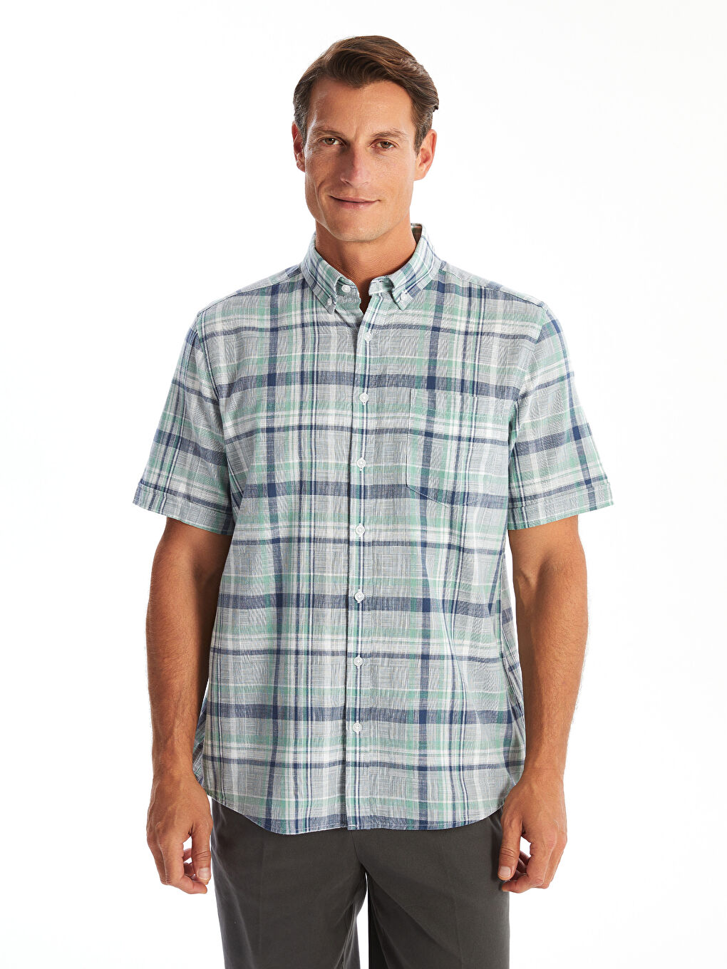 Regular Fit Short Sleeve Plaid Poplin Men's Shirt -S4FY43Z8-LME