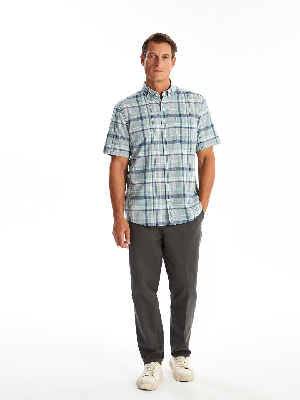 Regular Fit Short Sleeve Plaid Poplin Men's Shirt -S4FY43Z8-LME