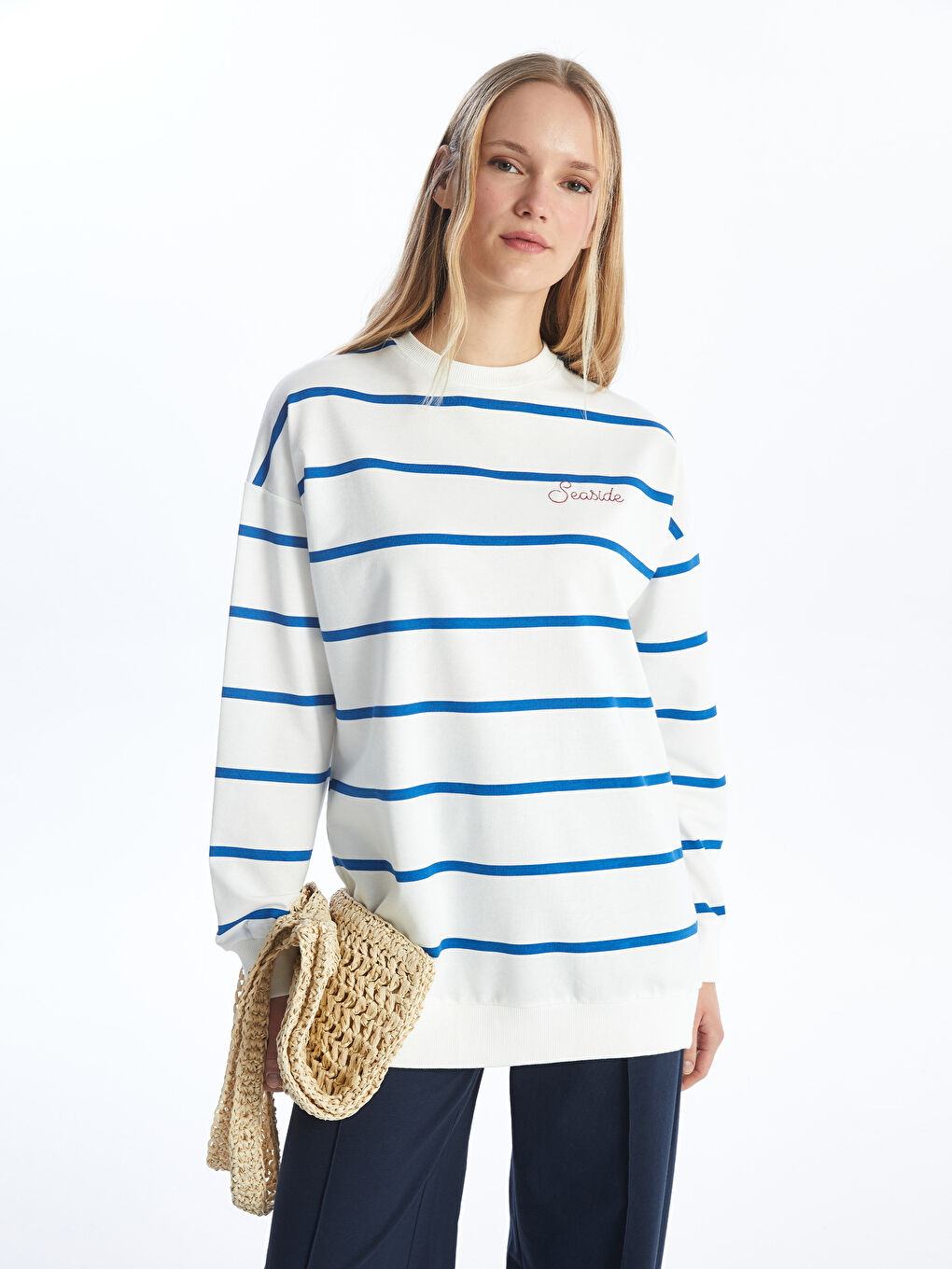 Crew Neck Striped Long Sleeve Women's Sweatshirt Tunic -S4FY69Z8-LEN
