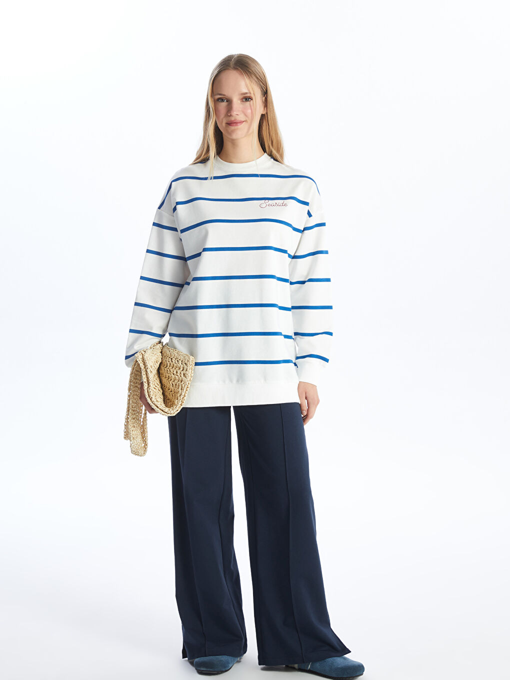 Crew Neck Striped Long Sleeve Women's Sweatshirt Tunic -S4FY69Z8-LEN