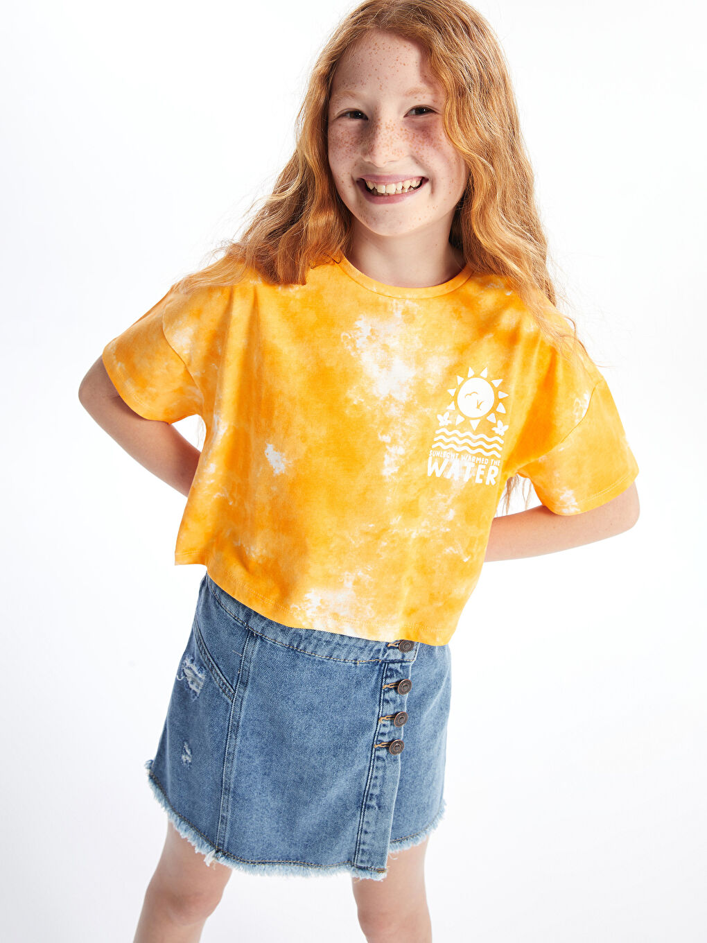 Poncho Crew Neck Printed Short Sleeve Girls' Crop T-Shirt -S4G068Z4-LSR