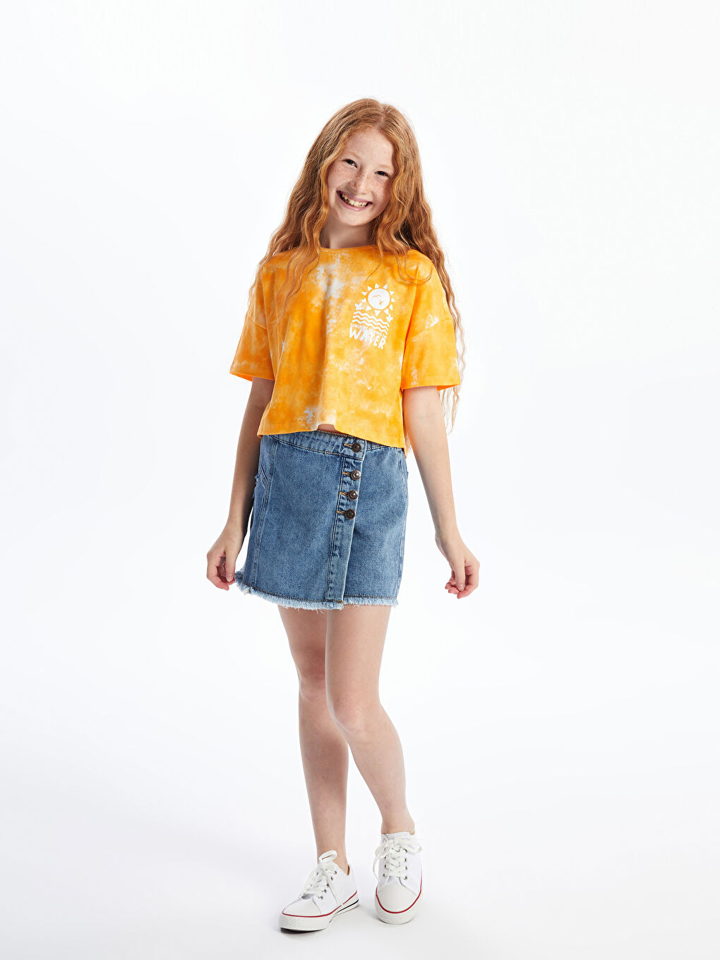 Poncho Crew Neck Printed Short Sleeve Girls' Crop T-Shirt -S4G068Z4-LSR