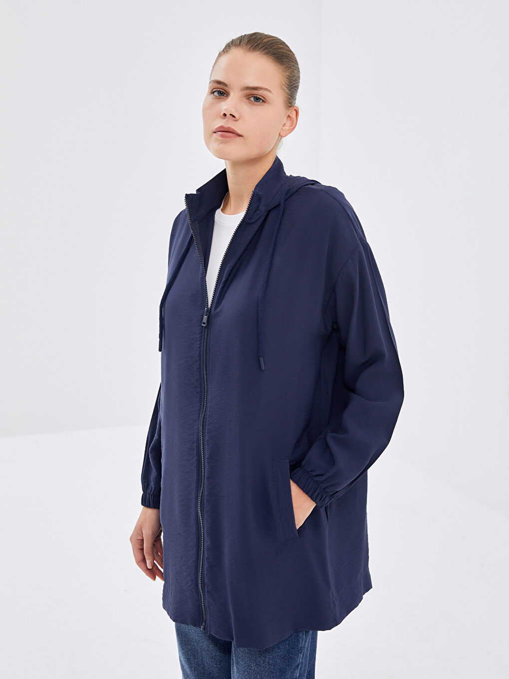 Lacivert Kapüşonlu Düz Uzun Kollu Kadın Tunik